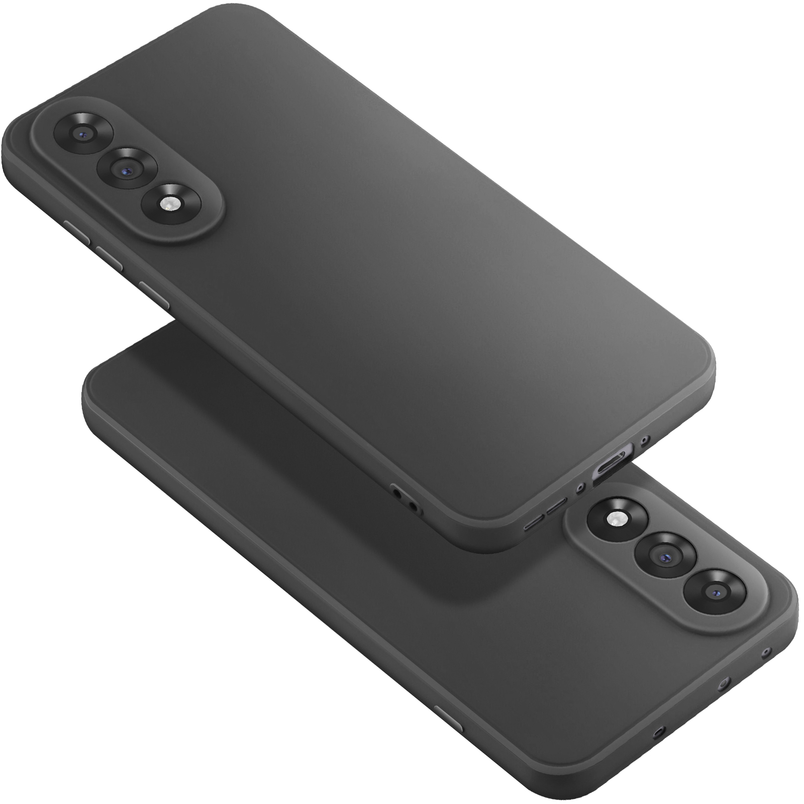 Sono mostrate due custodie nere per telefono. Una è sopra, leggermente angolata, con l'altra sotto. Entrambe mostrano lenti della fotocamera.