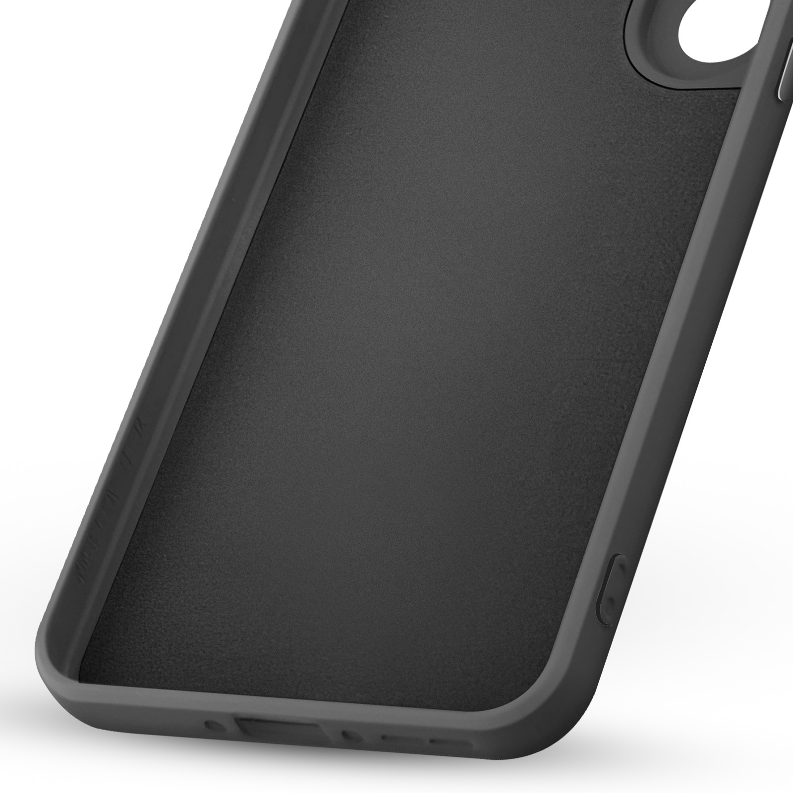 Interno di custodia nera per telefono, su sfondo bianco. Dettagli: fori per pulsanti e fotocamera.