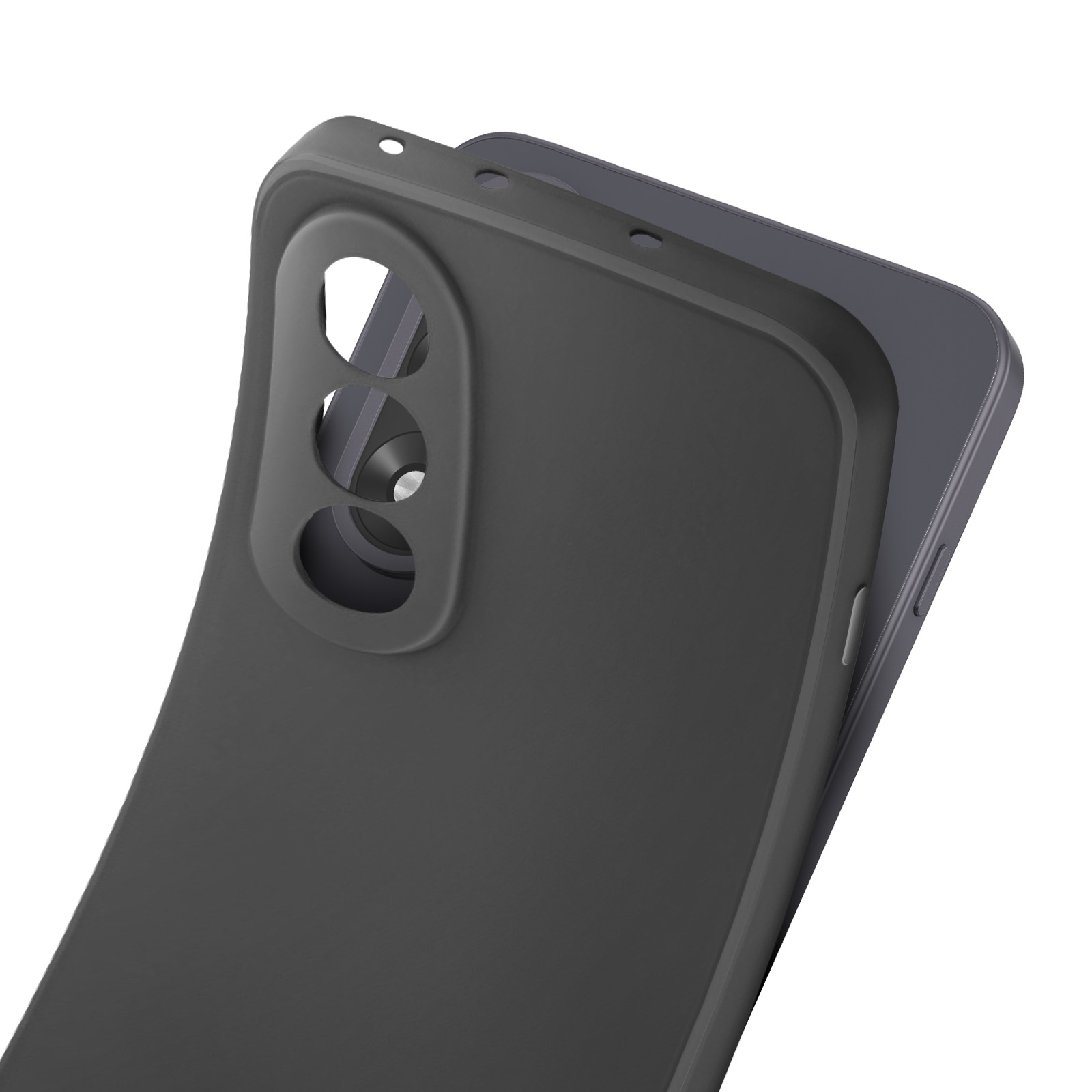 Primo piano di una custodia nera per telefono con fori per la fotocamera. Il telefono grigio si intravede. Sfondo bianco.