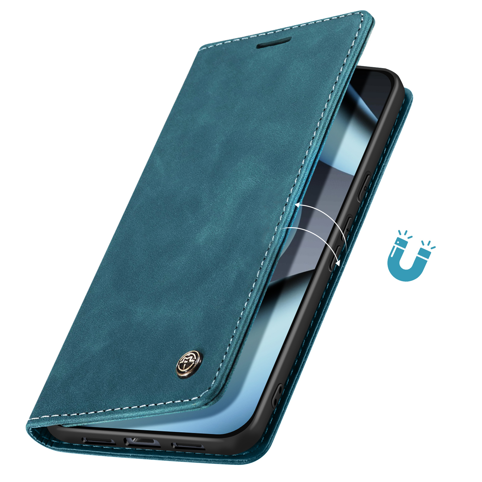 Una custodia per telefono verde acqua, aperta, che mostra un telefono. Cuciture bianche, simbolo magnetico e chiusura.