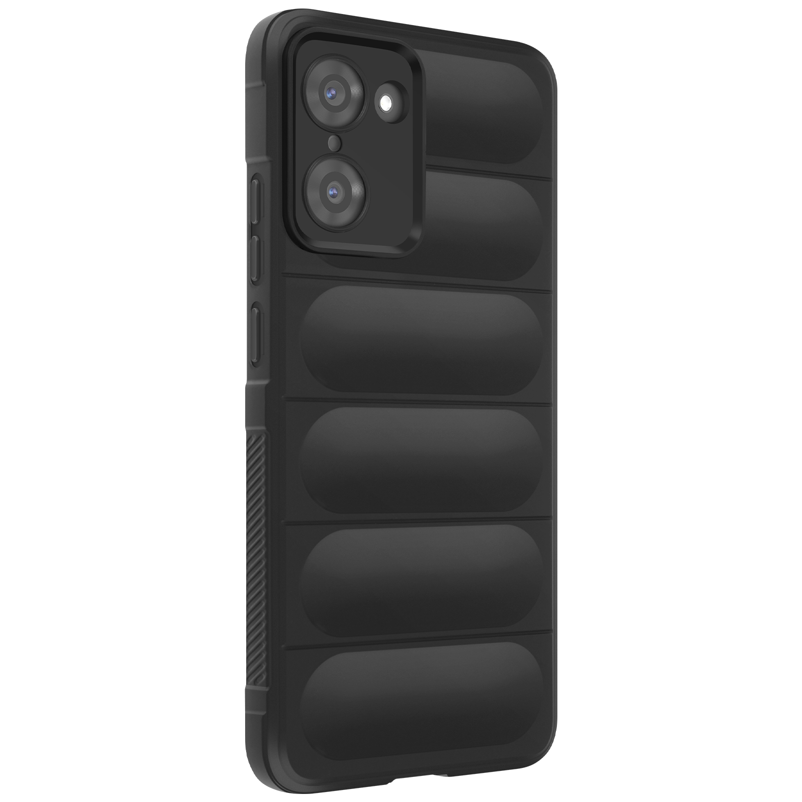 Coque de téléphone noire avec un design matelassé. Elle possède des lentilles de caméra et des boutons sur le côté. Sur fond blanc.