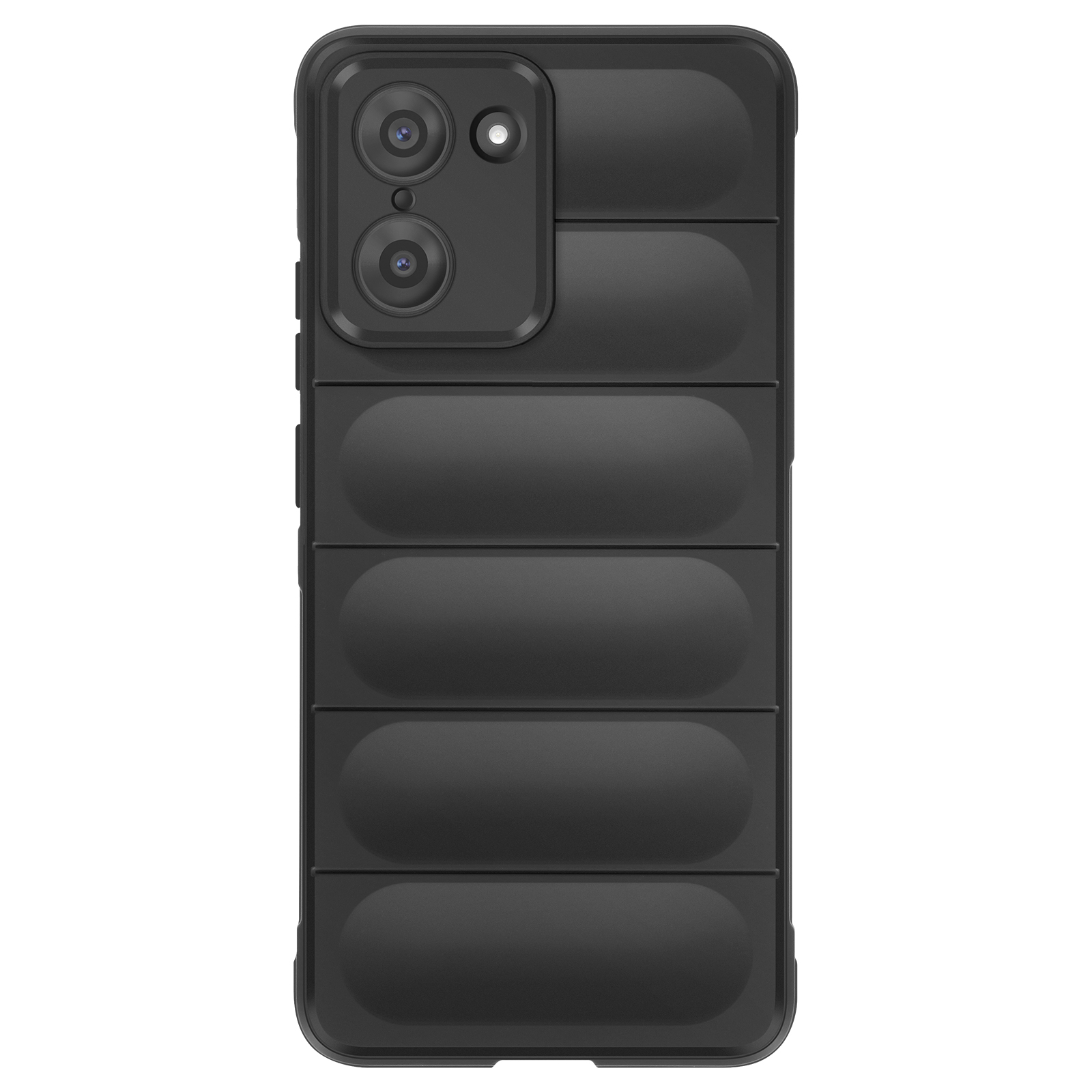 Une coque de téléphone noire avec un design matelassé. Elle présente des découpes pour la caméra. Fond blanc.