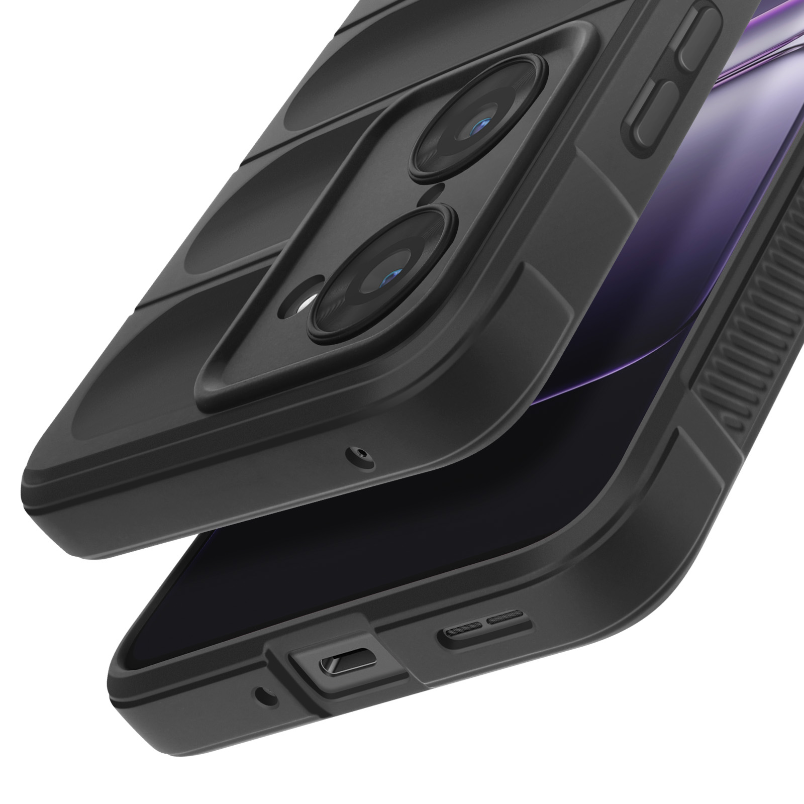Gros plan sur une coque de téléphone noire avec des découpes pour l'appareil photo. L'étui est ouvert, révélant un écran violet. Fond blanc.