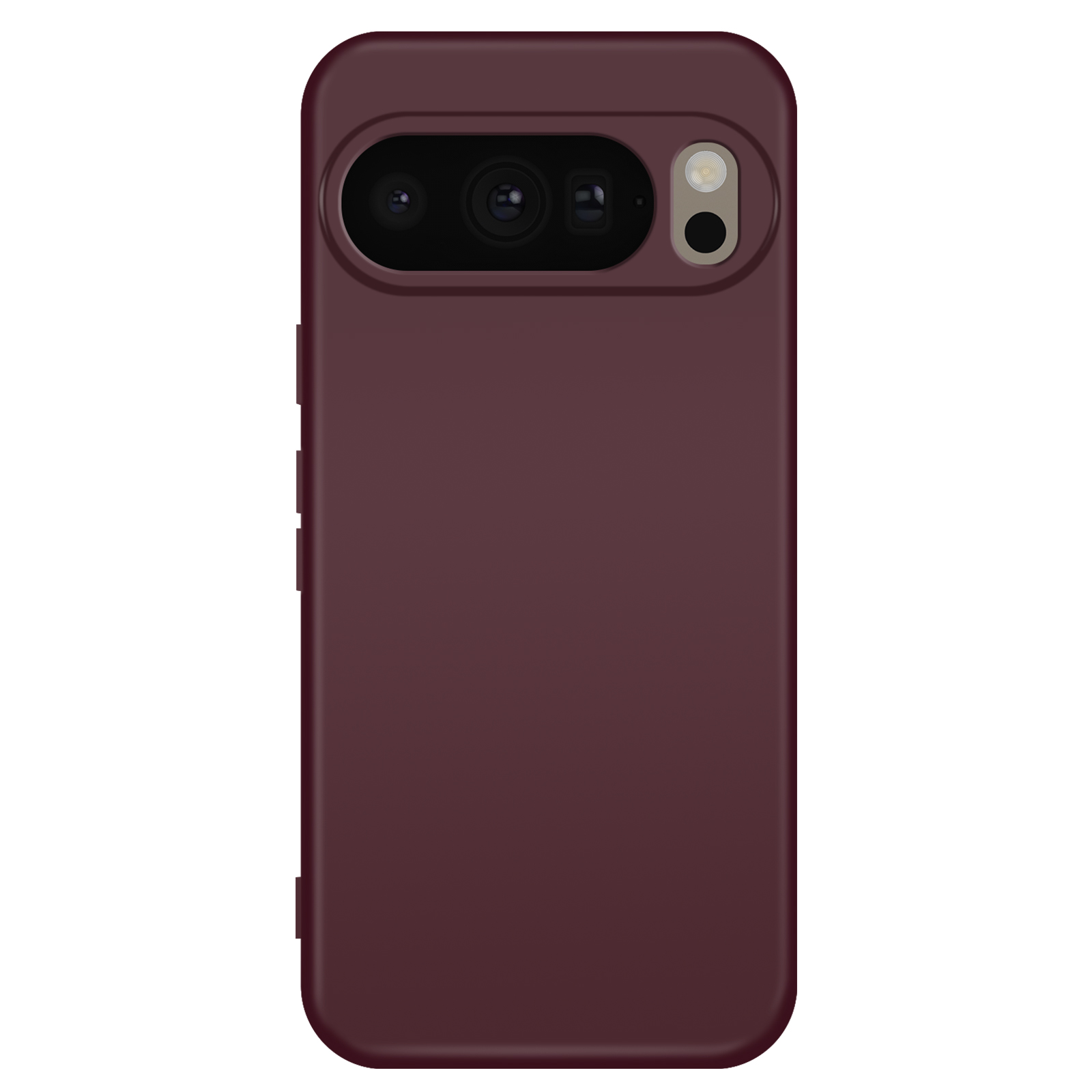 Una custodia per telefono bordeaux con un ritaglio per la fotocamera. La custodia ha angoli arrotondati e pulsanti laterali. L'area della fotocamera include lenti e flash.