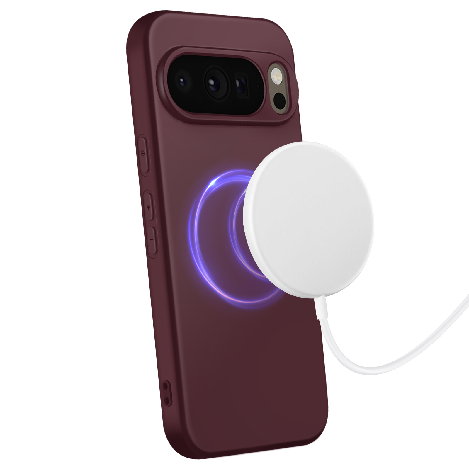 Un telefono bordeaux in una custodia, un caricabatterie bianco è attaccato e un cerchio blu brillante è dietro il telefono.