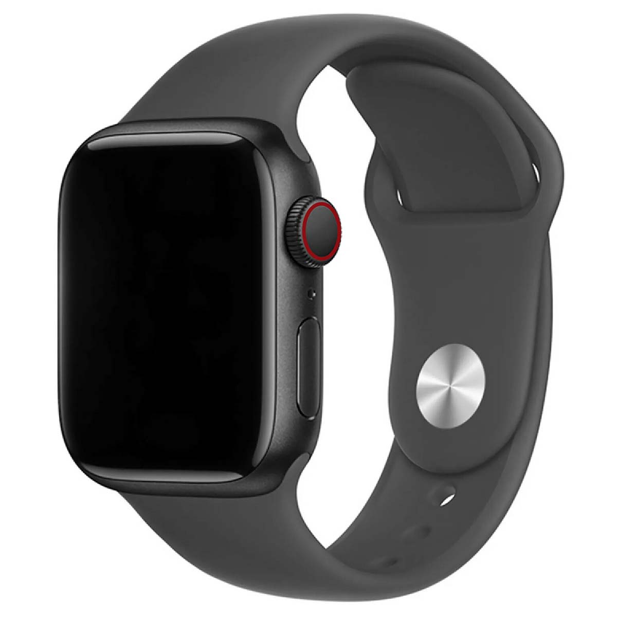 Apple Watch nera con cinturino nero. L'orologio ha uno schermo nero, un punto rosso sul pulsante laterale e una chiusura argentata.
