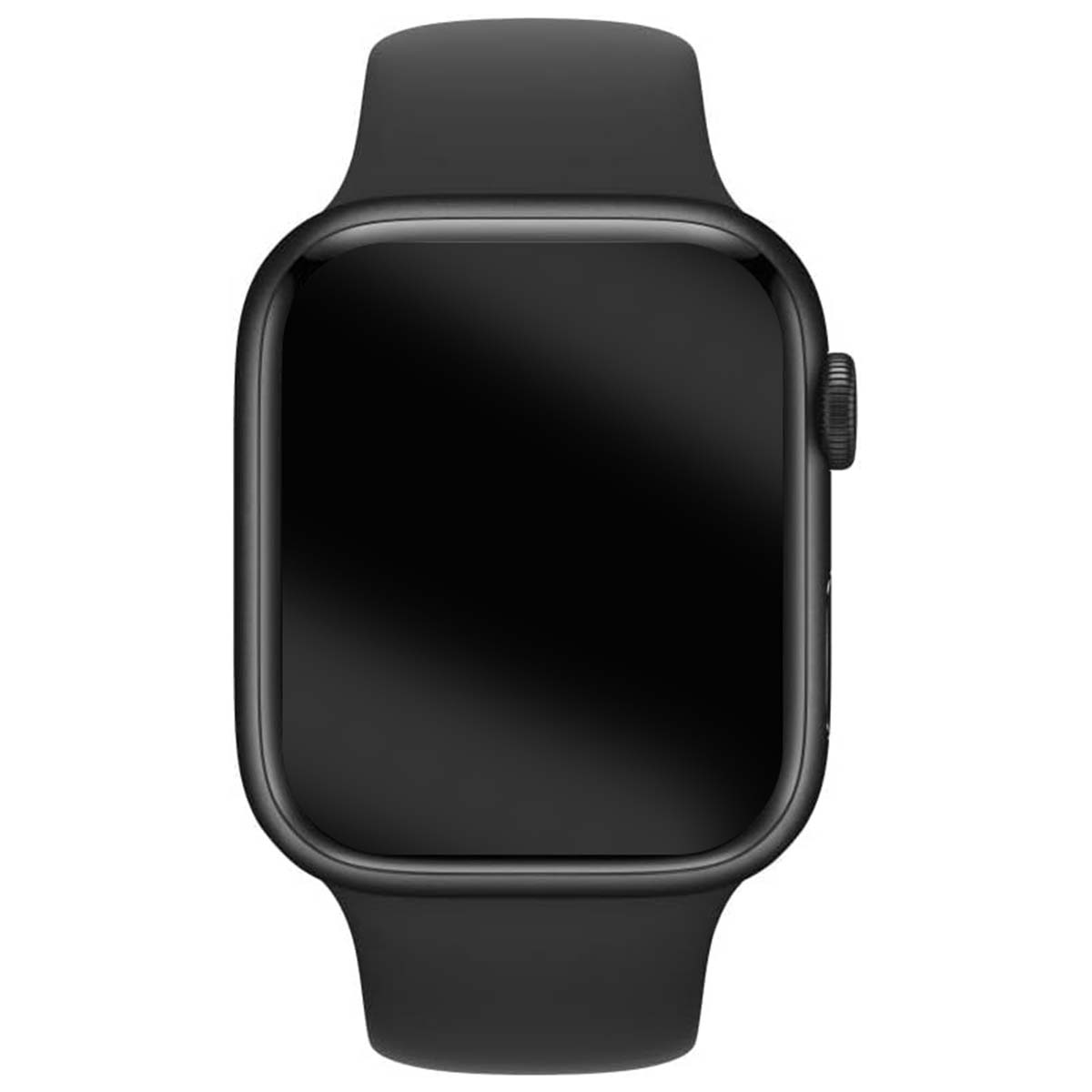 Uno smartwatch nero con schermo rettangolare e cinturino nero. L'orologio ha un pulsante laterale.