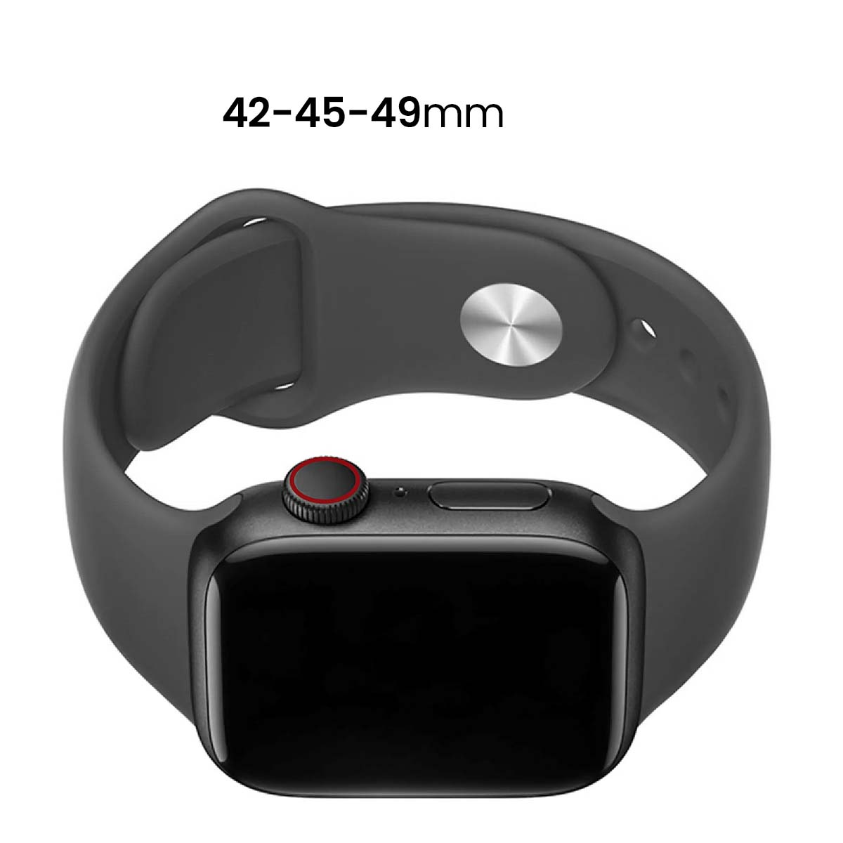 Un Apple Watch grigio scuro con schermo nero. Il cinturino è avvolto attorno all'orologio. La corona digitale ha un accento rosso.