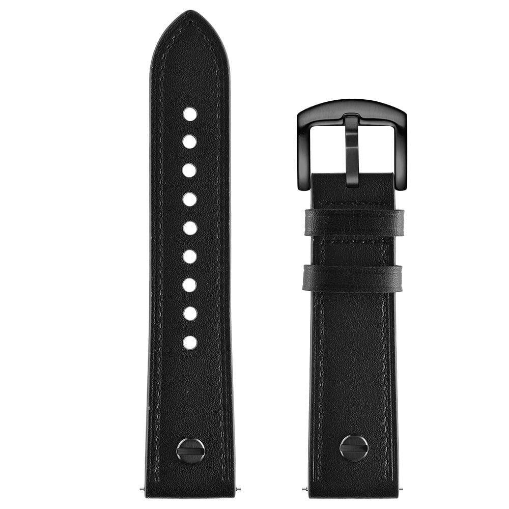 Zwei schwarze Leder-Armbanduhren. Ein Armband hat Löcher und das andere hat eine schwarze Schnalle.