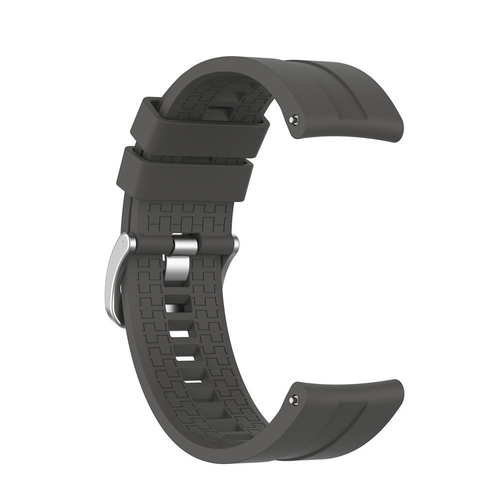 Ein dunkelgraues Uhrenarmband vor weißem Hintergrund. Es ist C-förmig gebogen und hat eine silberne Schnalle.