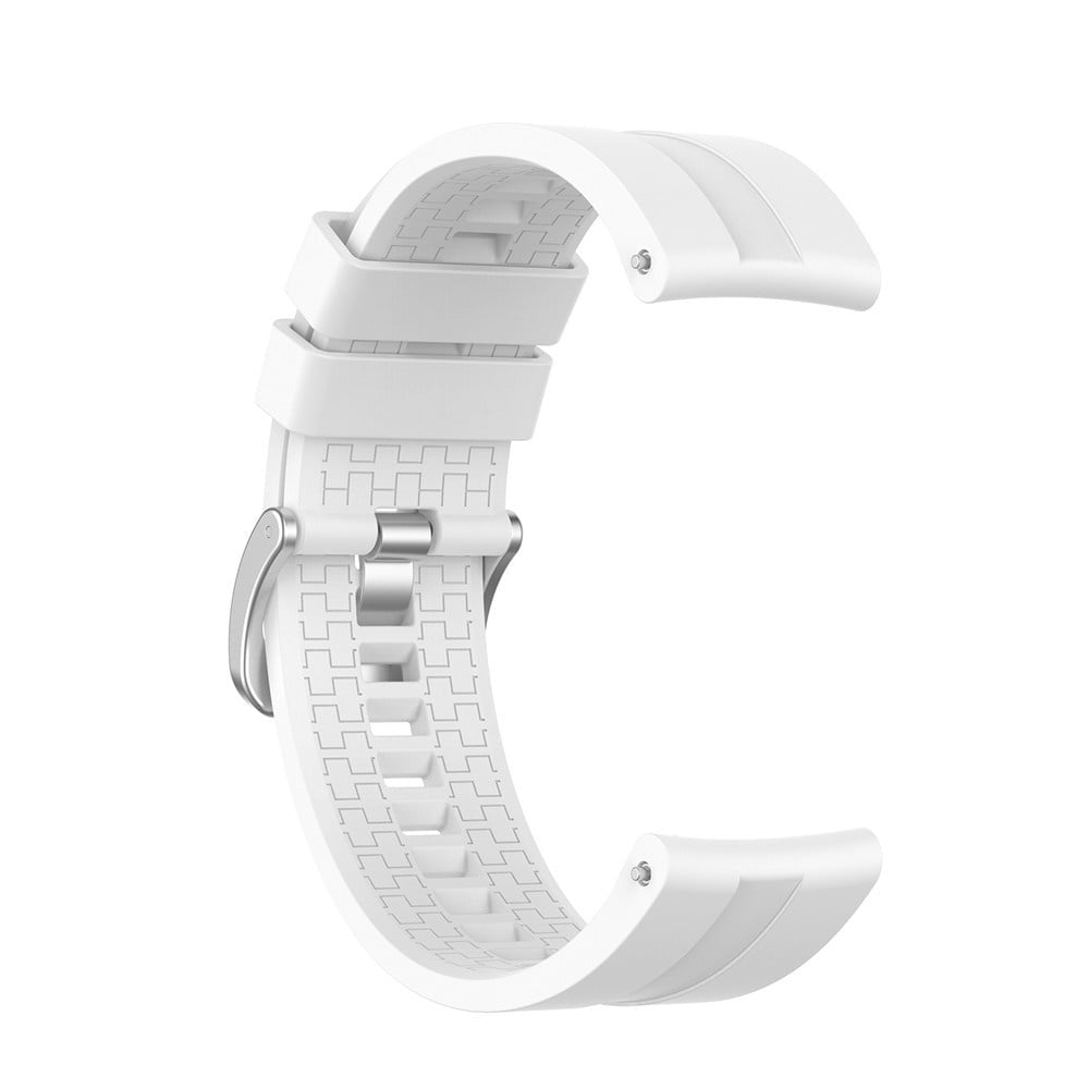 Ein weißes Armband, C-förmig gebogen. Es hat eine strukturierte Oberfläche und eine silberne Schnalle. Der Hintergrund ist weiß.