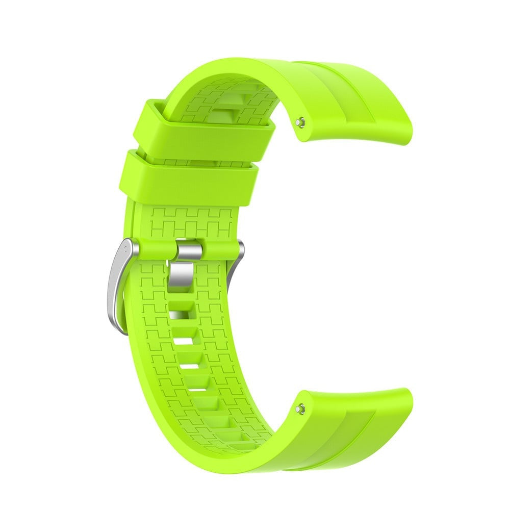 Ein limettengrünes Uhrenarmband mit silberner Schnalle. Es hat eine strukturierte Oberfläche und ist gebogen, mit weißem Hintergrund.