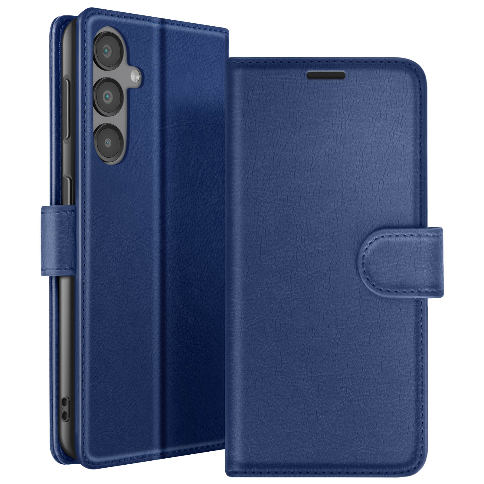 Een blauwe leren telefoonhoes, open, met de telefoon en camera. De hoes heeft een magnetische sluiting.