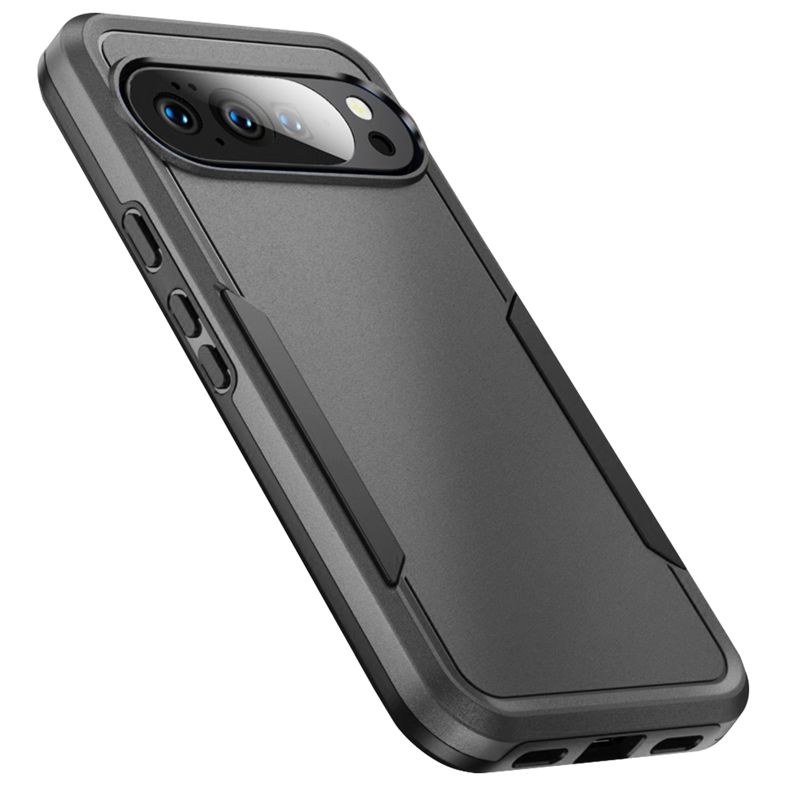 Une coque de téléphone gris foncé avec des objectifs d'appareil photo. La coque a des accents noirs et des découpes pour les boutons. Le fond est blanc.