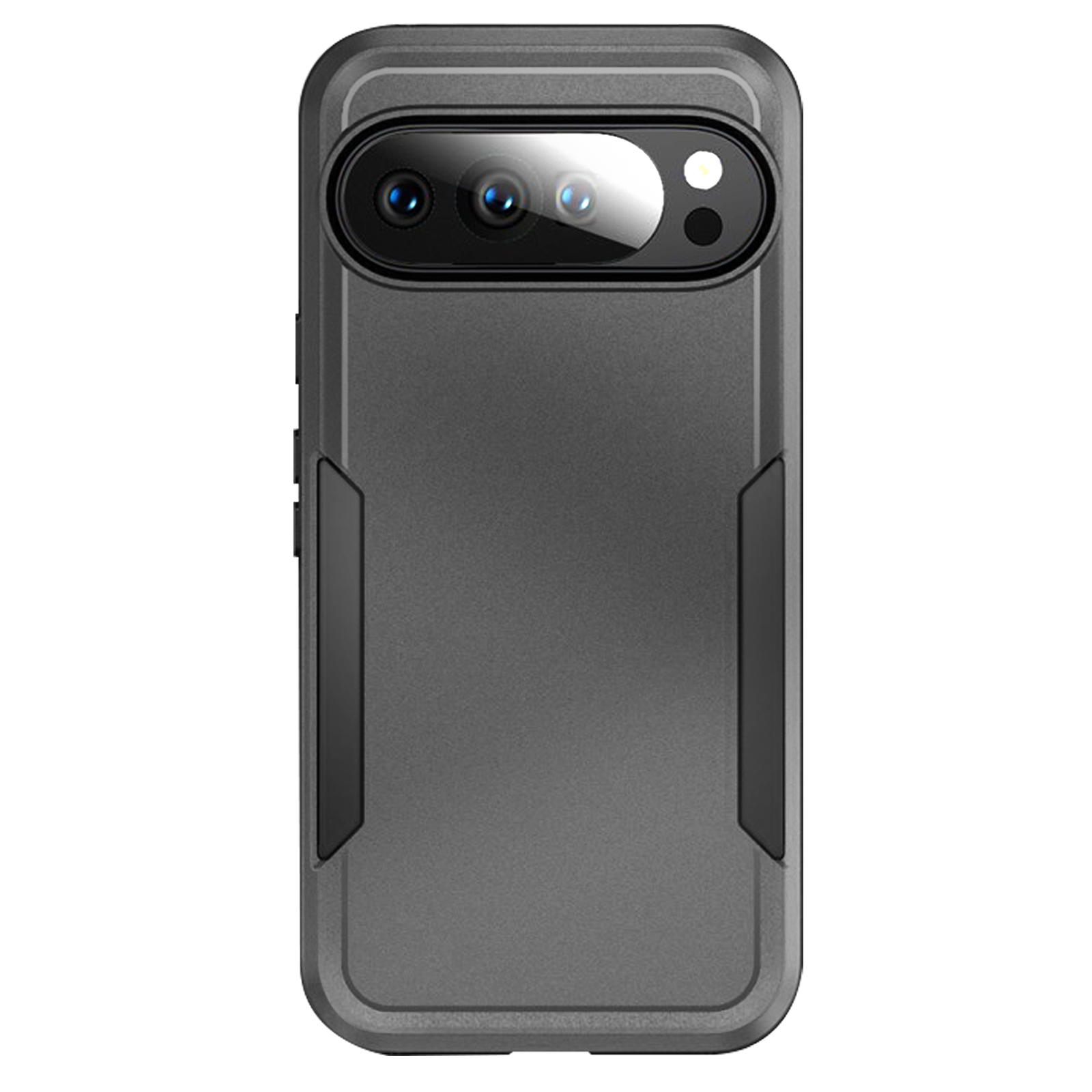 Une coque de téléphone gris foncé avec une découpe pour l'appareil photo. Des accents noirs sont visibles sur les côtés. La coque est rectangulaire.