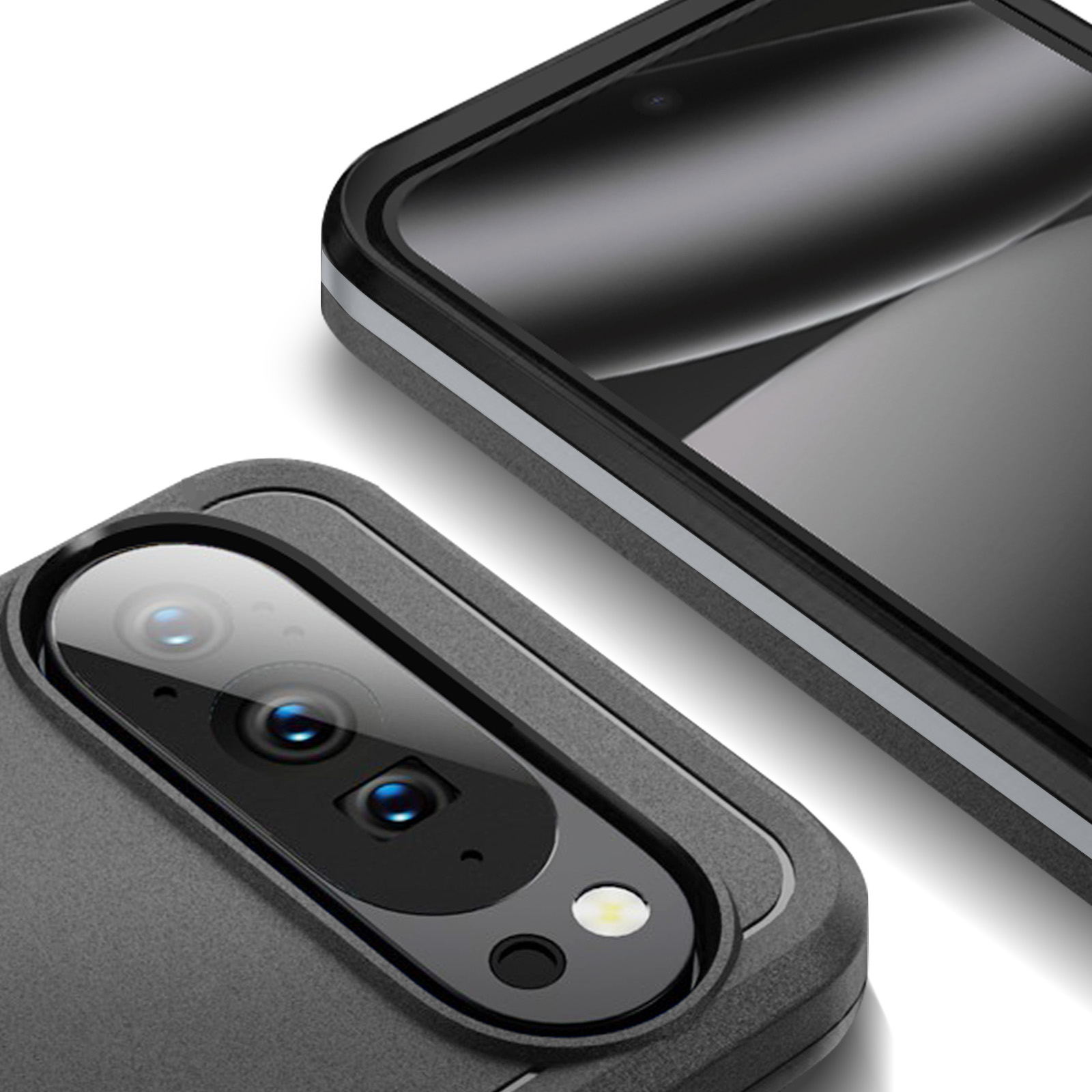 Gros plan sur deux étuis de téléphone gris foncé. L'un montre des lentilles de caméra avec des reflets bleus. L'autre est un écran.