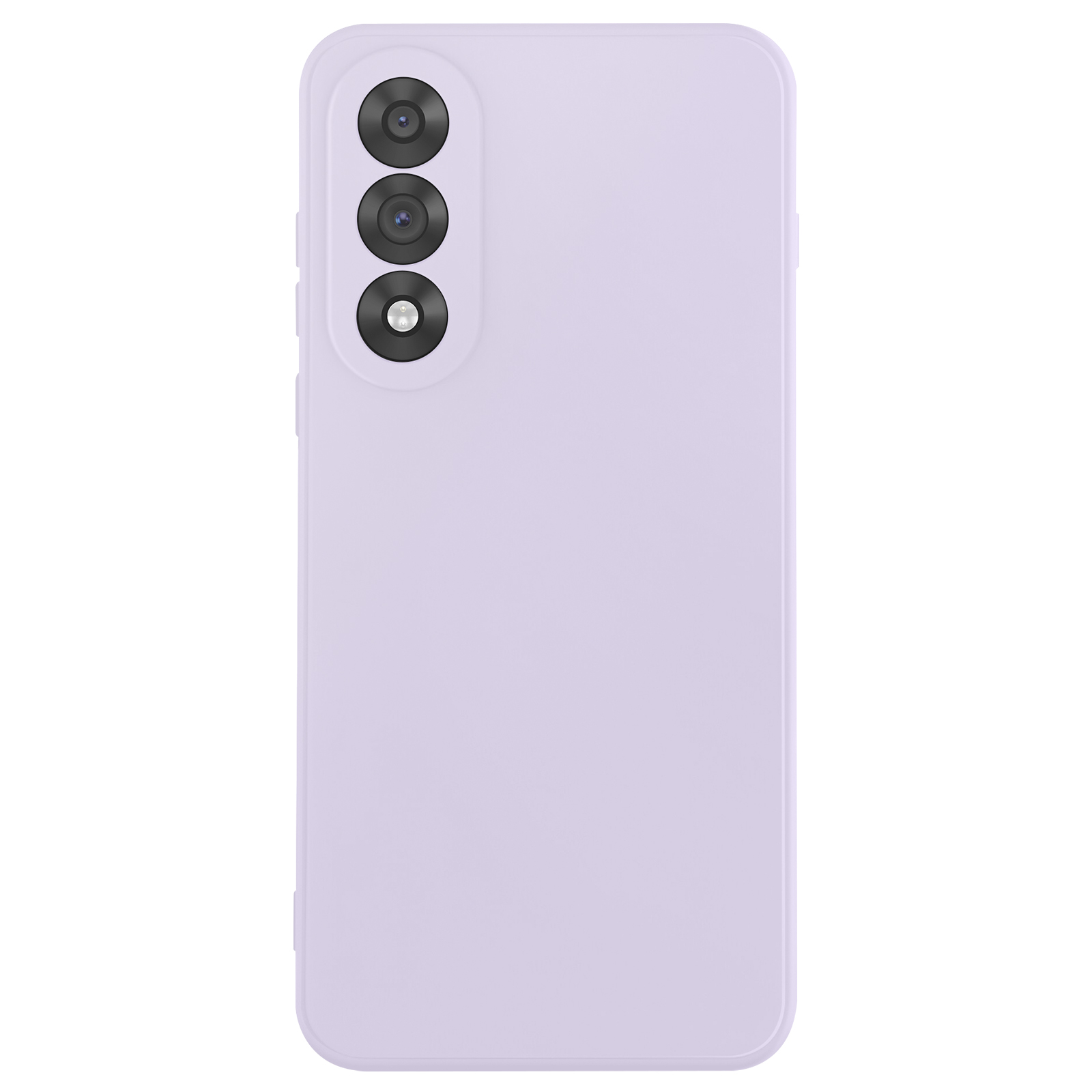 Retro di smartphone lilla chiaro con tre obiettivi. Il telefono è su sfondo bianco.