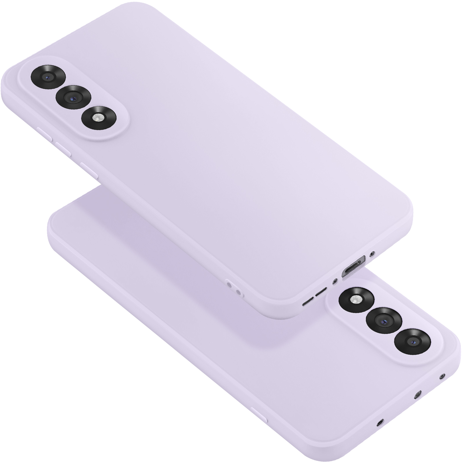 Due custodie per telefoni lilla chiaro. Quella superiore è leggermente rialzata. Ogni custodia ha un modulo fotocamera con tre lenti.