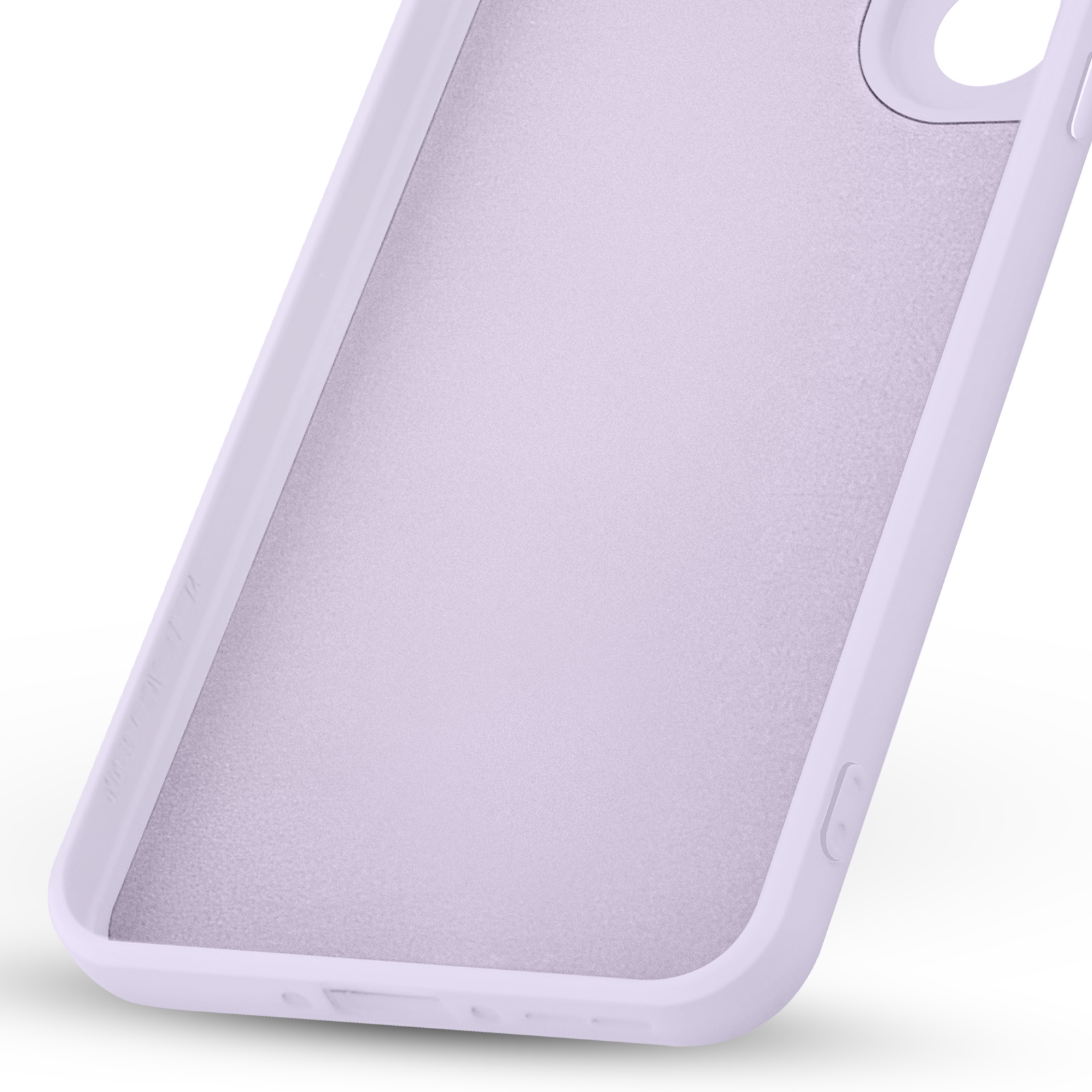 Primo piano di una custodia per telefono color lavanda. È angolata, mostrando l'interno, con una superficie morbida e strutturata e un telaio liscio.