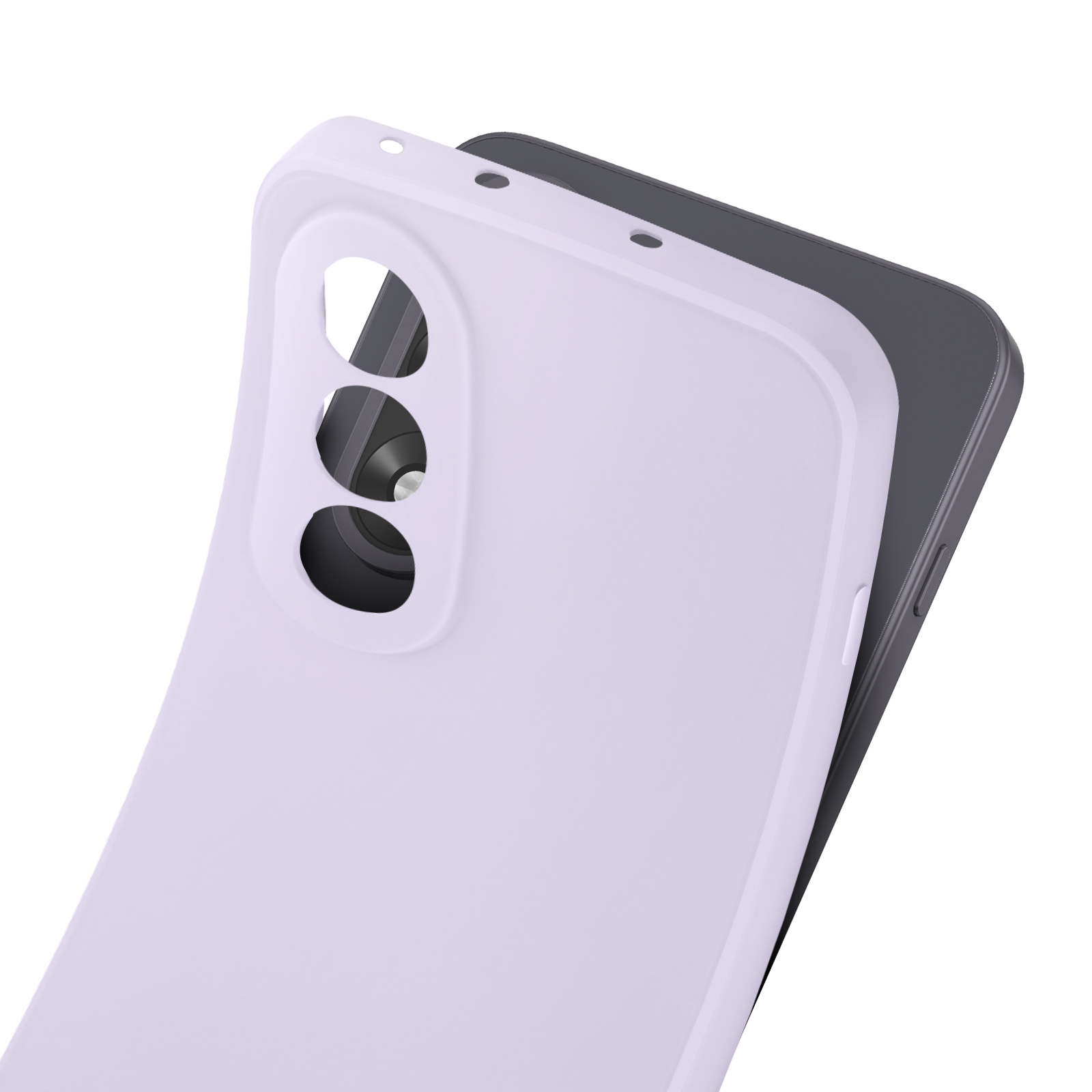 Una custodia bianca copre un telefono nero. La custodia ha ritagli per la fotocamera.