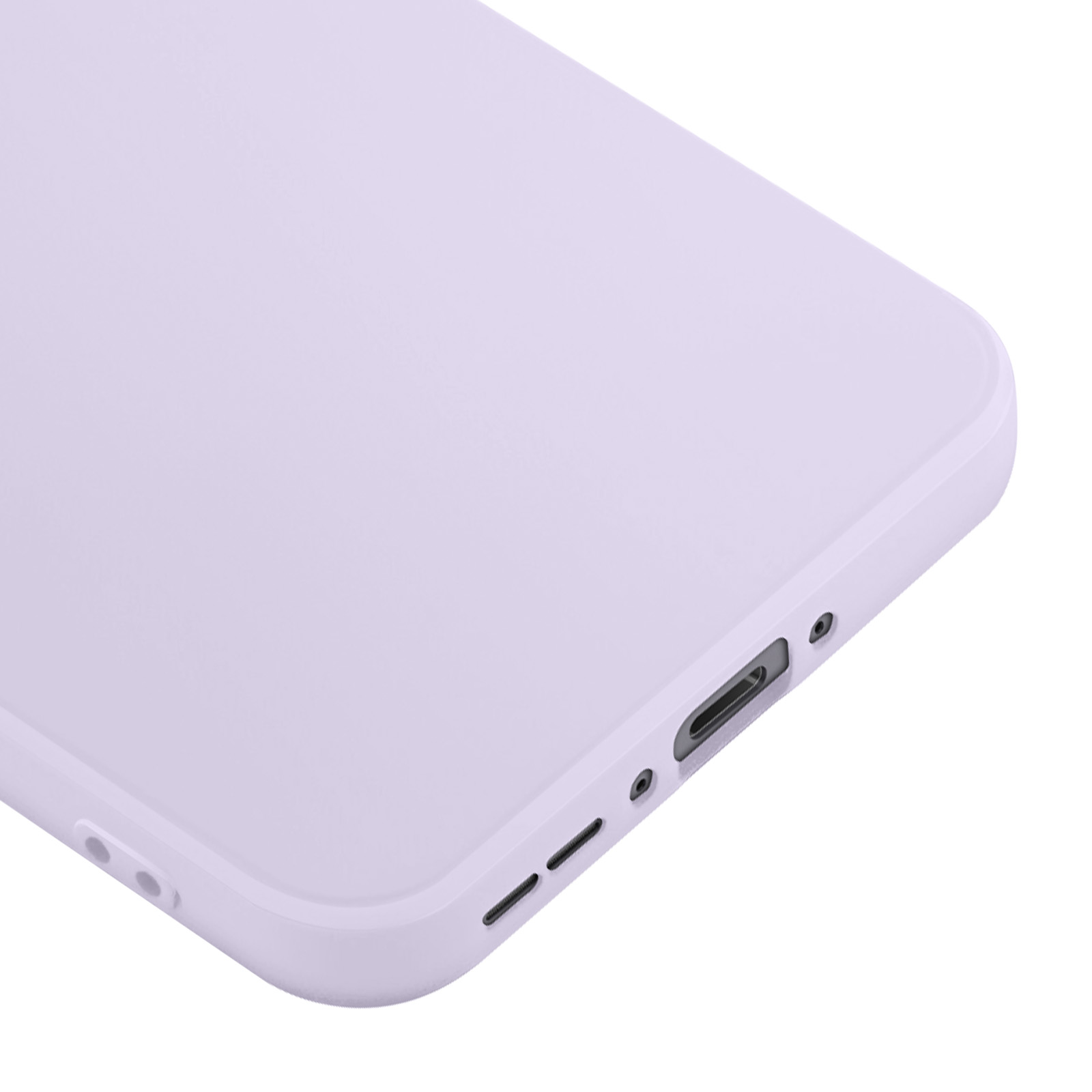 Primo piano di una custodia per telefono lilla chiaro con fori per porte e pulsanti, su sfondo bianco.