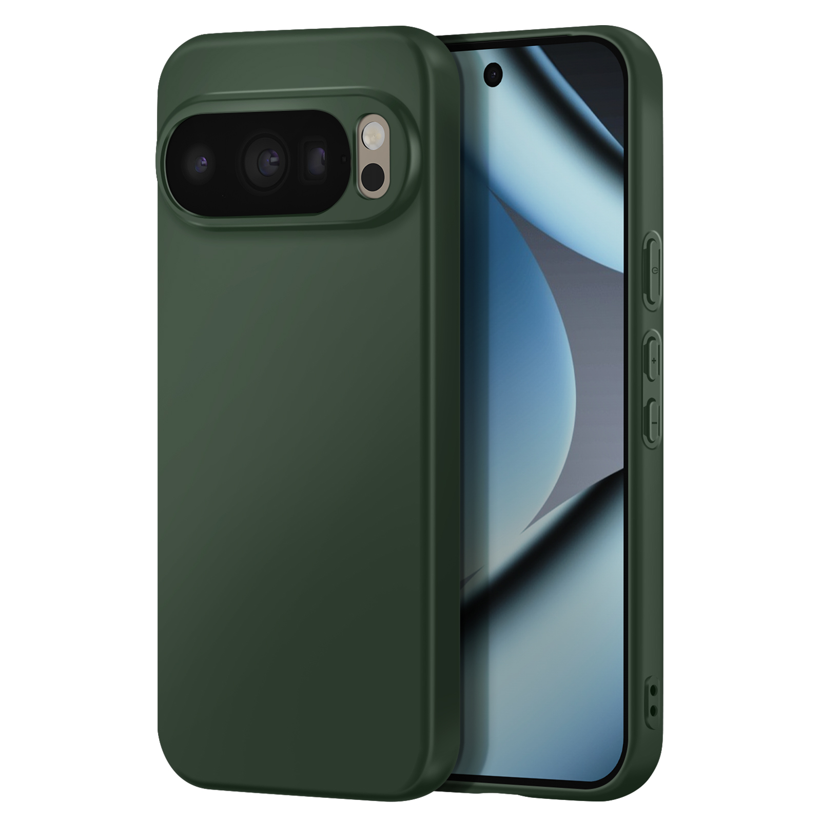 Eine dunkelgrüne Handyhülle und ein Smartphone, teilweise sichtbar. Die Hülle hat einen Kameraausschnitt.
