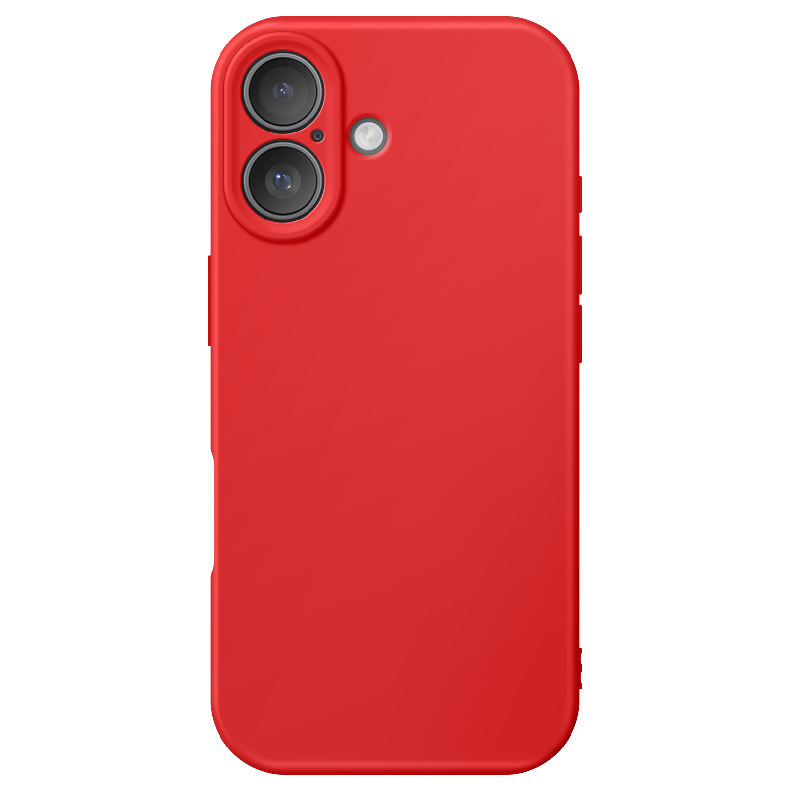 Retro del telefono rosso con lenti della fotocamera e flash. La custodia è di colore rosso acceso.