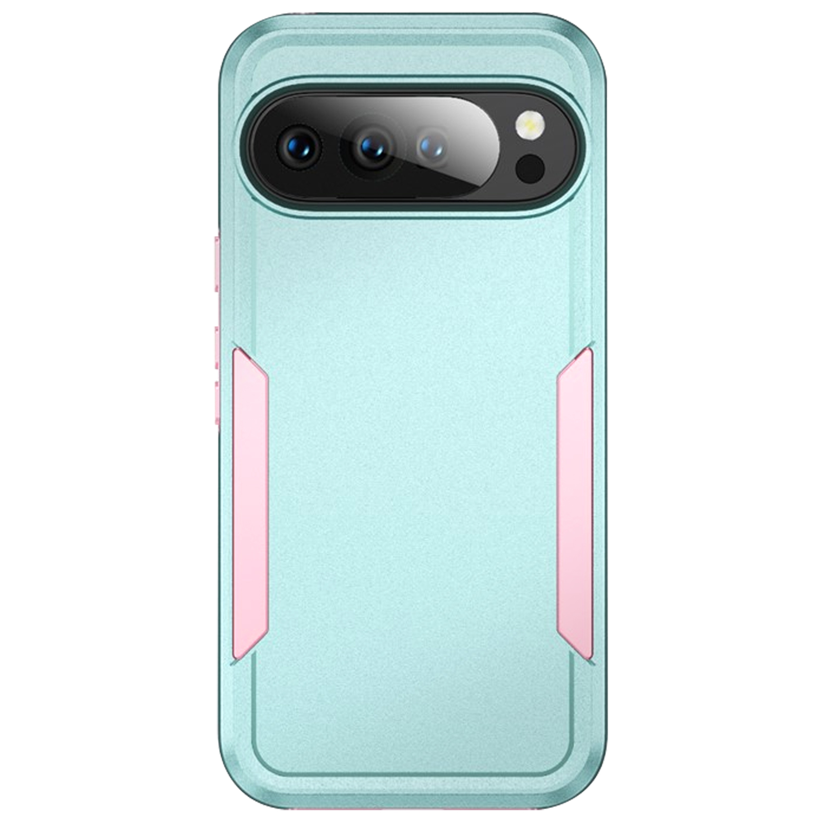 Een telefoonhoesje. Het is mintgroen, met roze accenten. Het cameragedeelte is zwart. De hoes is rechthoekig met afgeronde hoeken.
