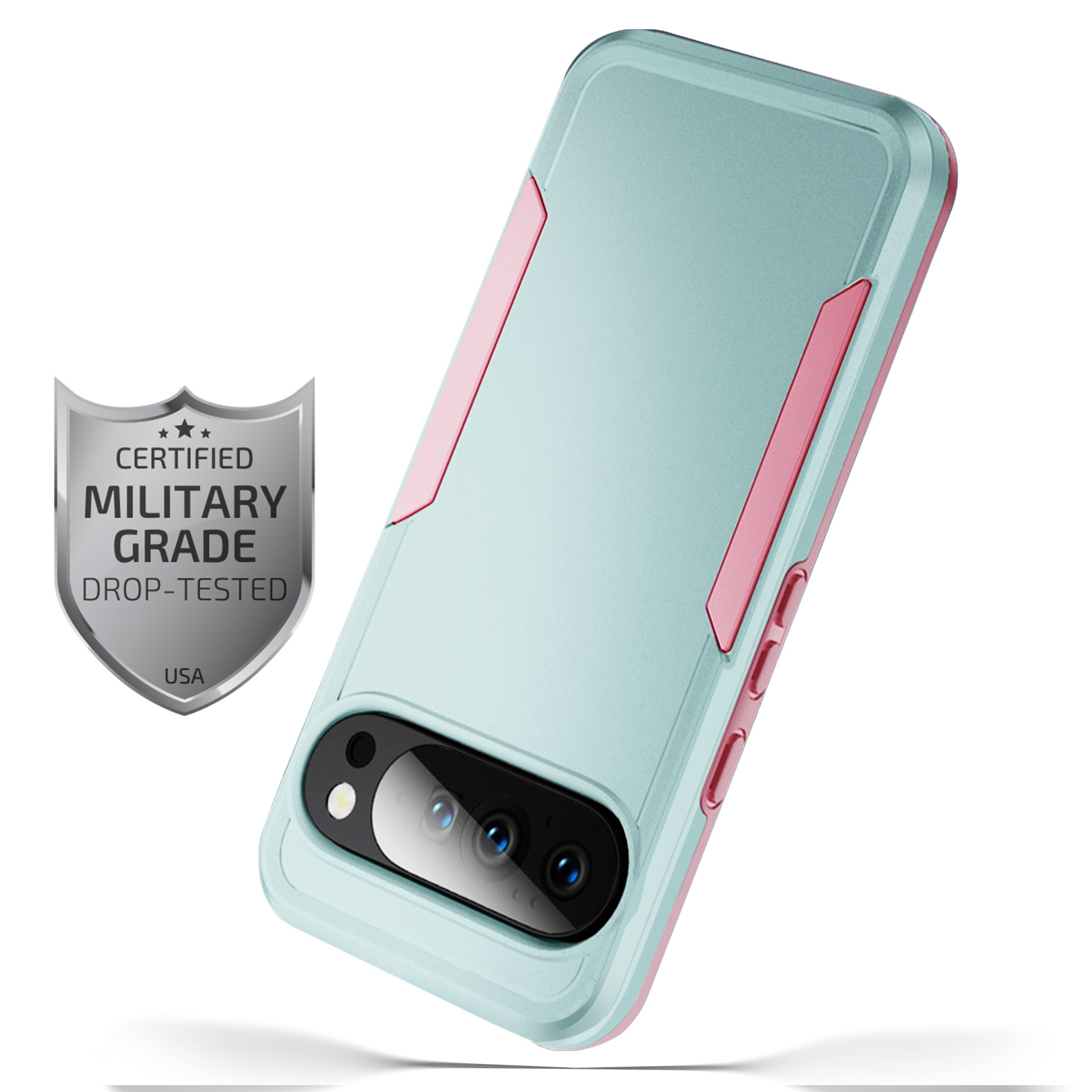Een teal en roze telefoonhoesje met een uitsparing voor de camera en een 'military grade' badge. De case is valbestendig getest.