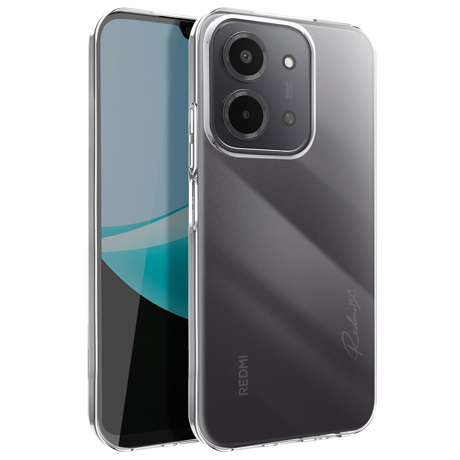 Una custodia trasparente per telefono su un telefono. Il telefono ha uno schermo che mostra un'immagine blu e due fotocamere.