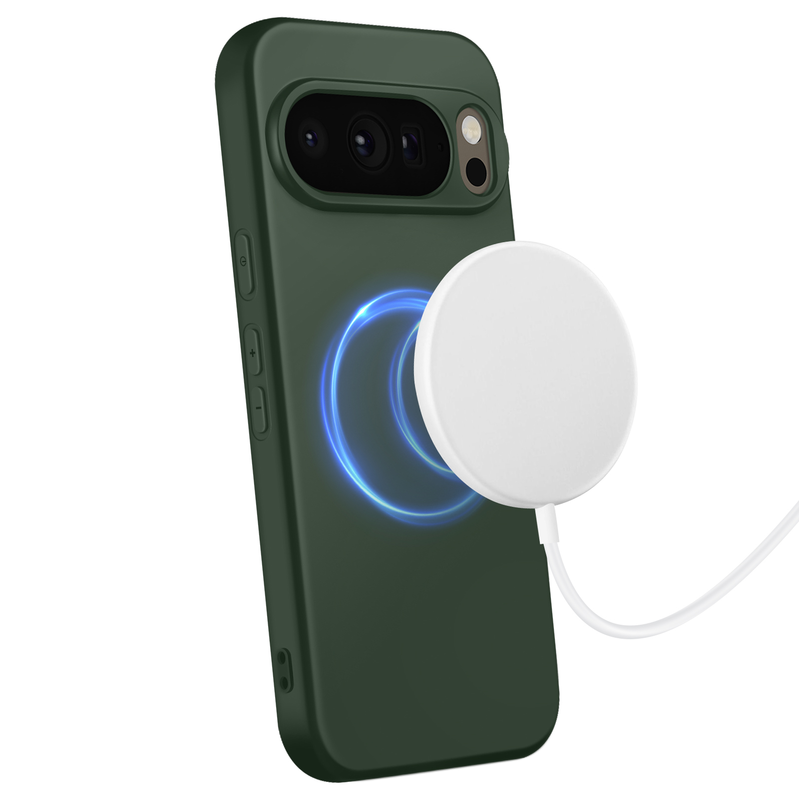 Eine grüne Handyhülle mit einem weißen kabellosen Ladegerät. Ein blau leuchtender Ring ist zu sehen.