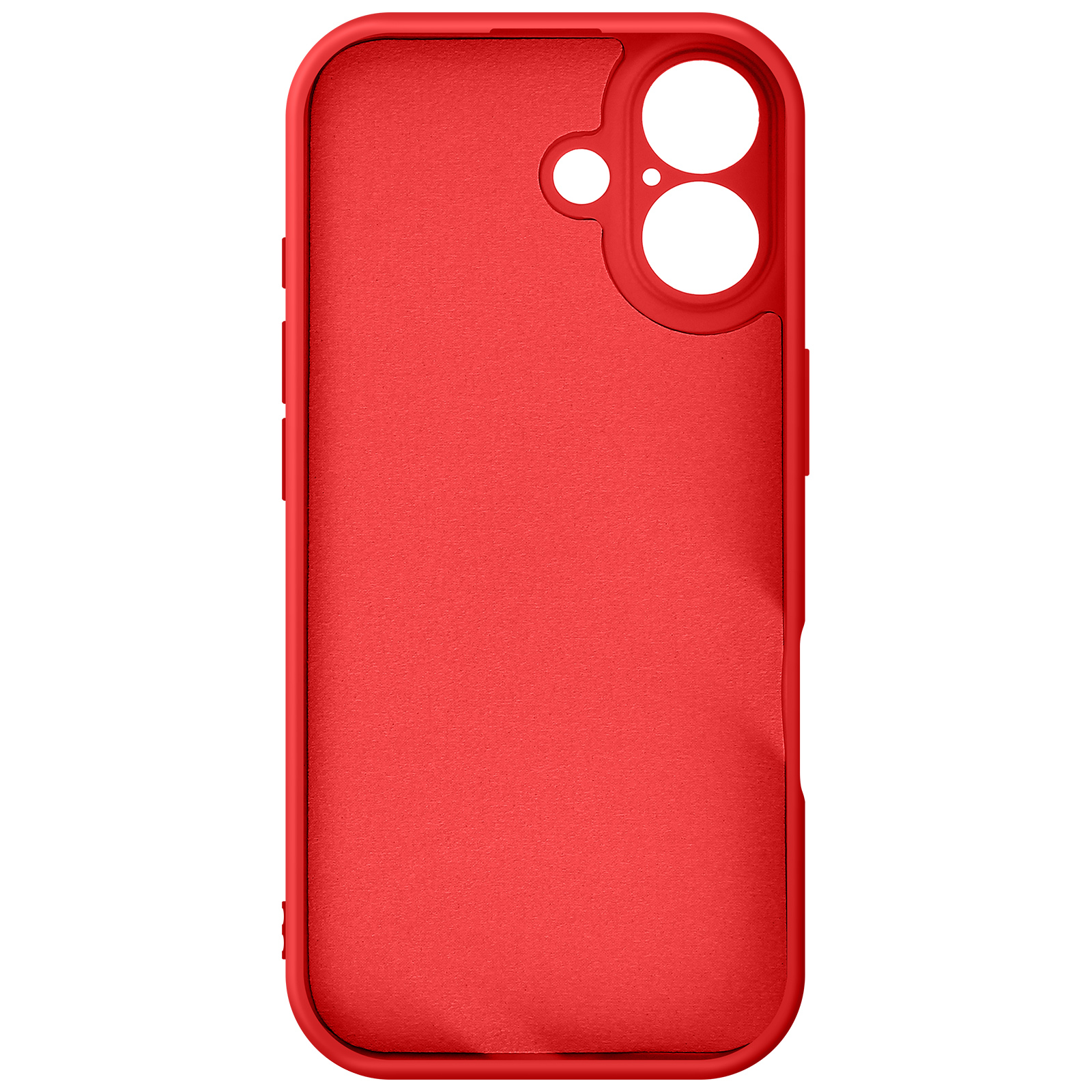 Una custodia rossa per telefono con fori per fotocamera e pulsanti. La custodia è rosso pieno e ha una superficie strutturata.