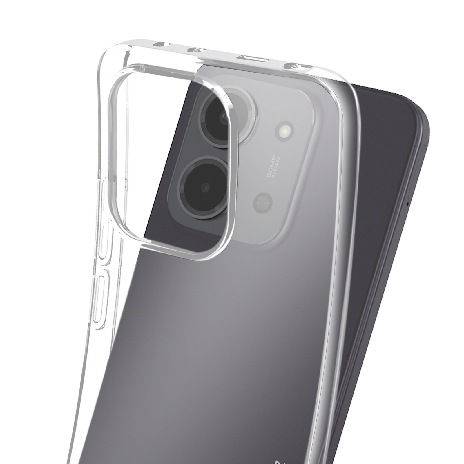 Una custodia trasparente per telefono copre parzialmente un telefono grigio. Le lenti della fotocamera sono visibili. La custodia è in plastica.