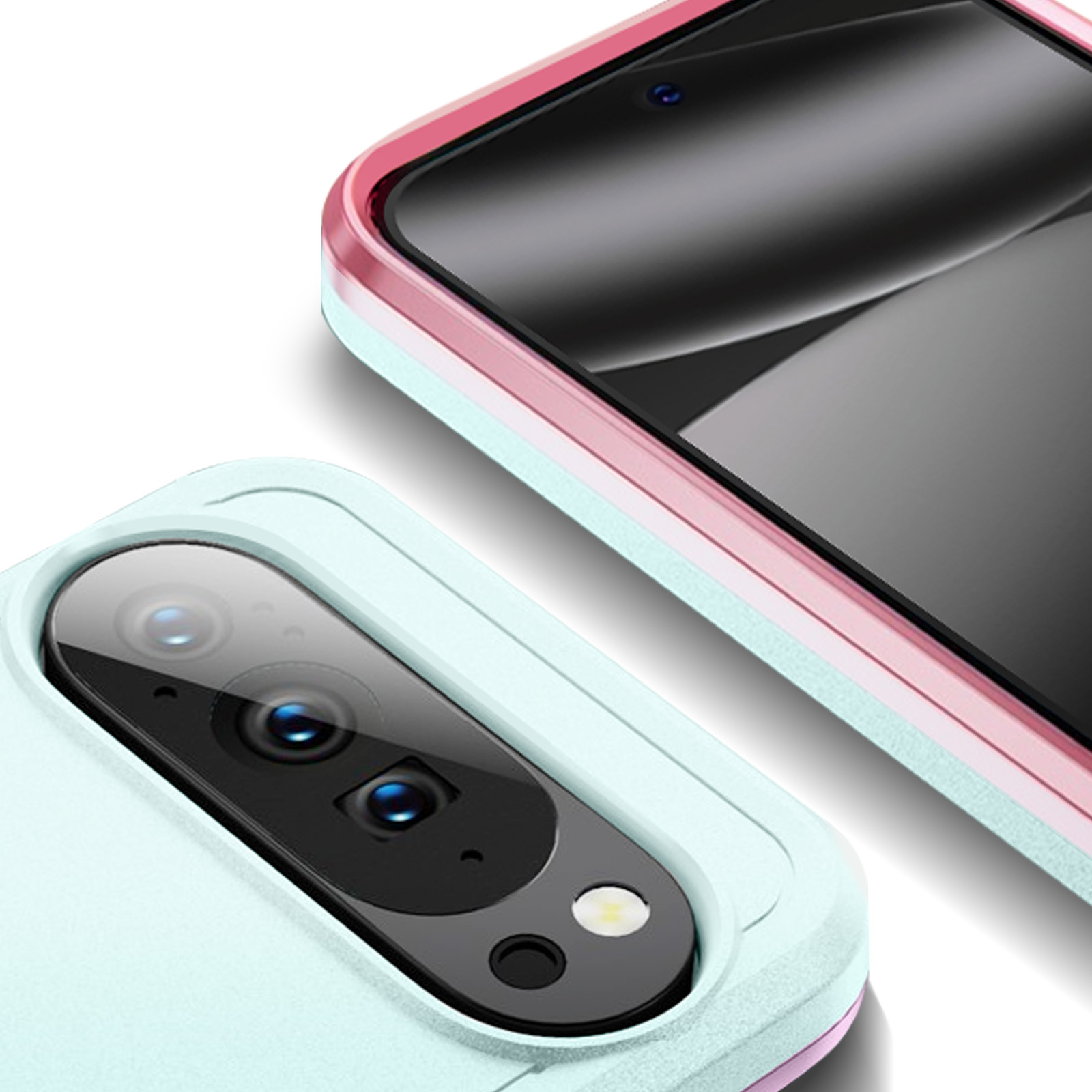 Close-up van twee telefoons met hoesjes, één lichtblauw met camera, de andere met roze rand, beide op een witte ondergrond.