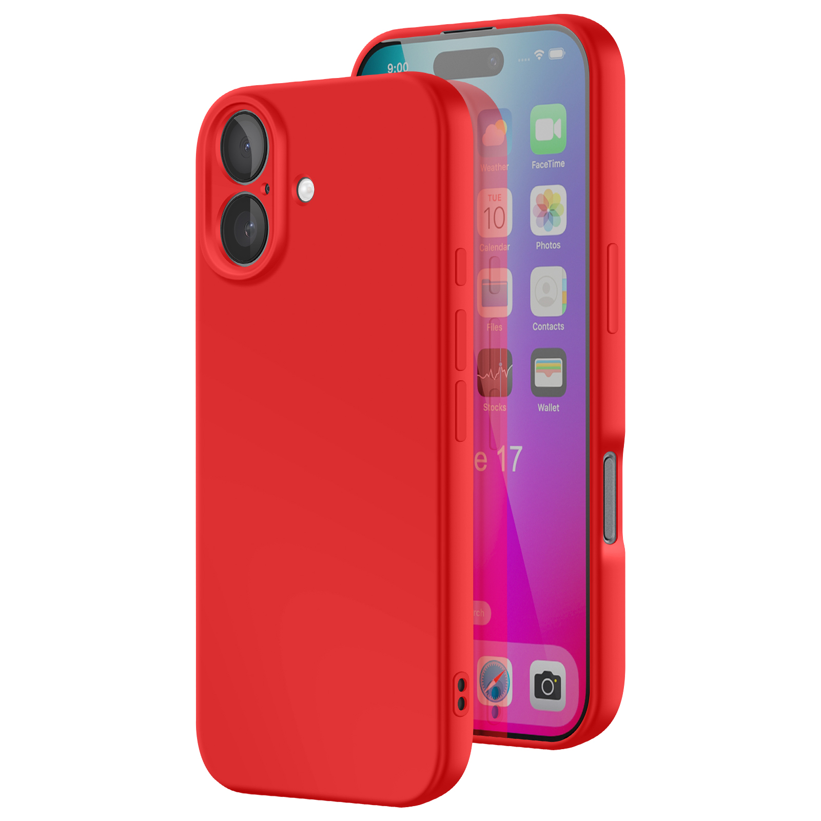 iPhone rosso in una custodia rossa. Lo schermo mostra le icone delle app.