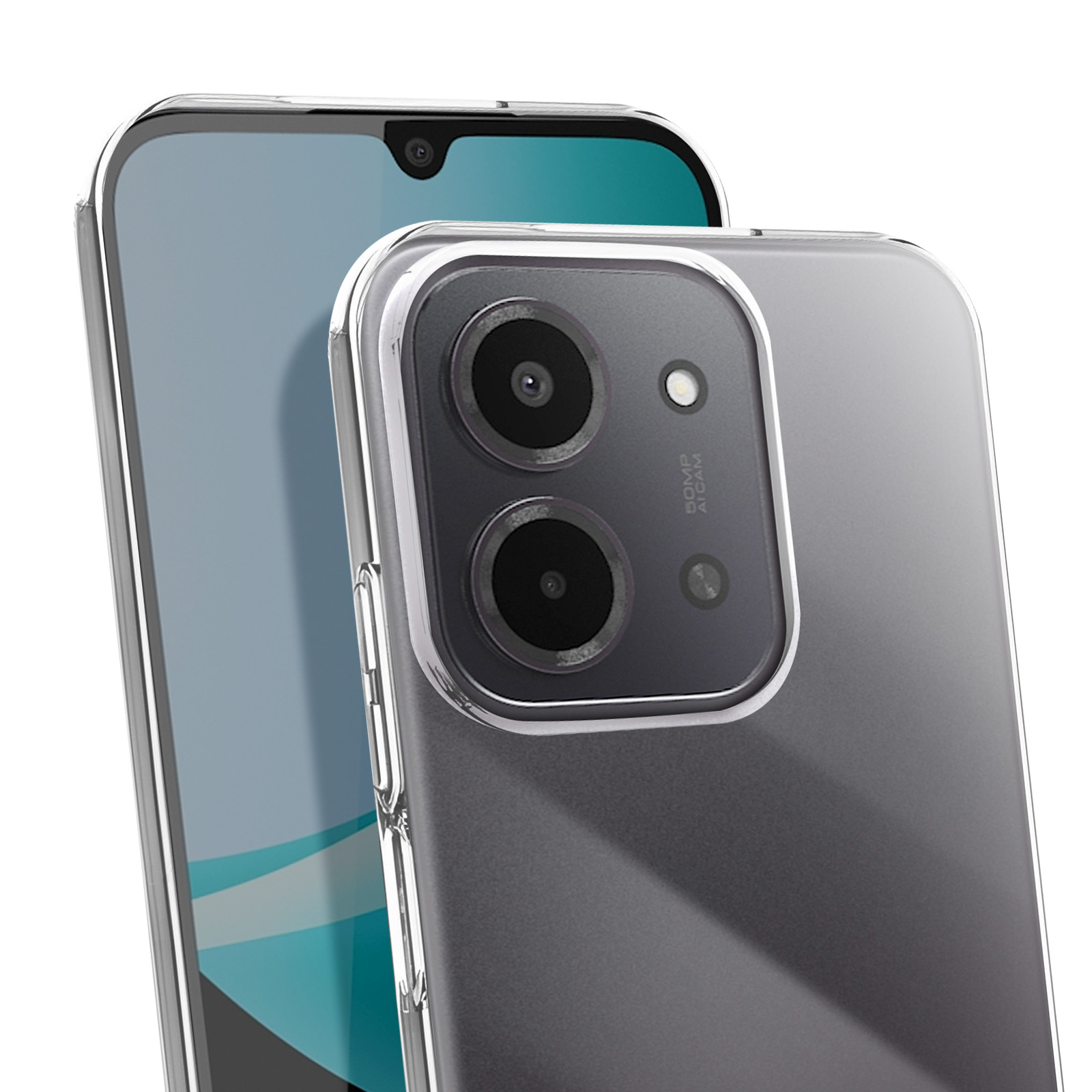 Primo piano di uno smartphone con custodia protettiva trasparente. Il telefono ha una doppia fotocamera e uno schermo visibile dietro.