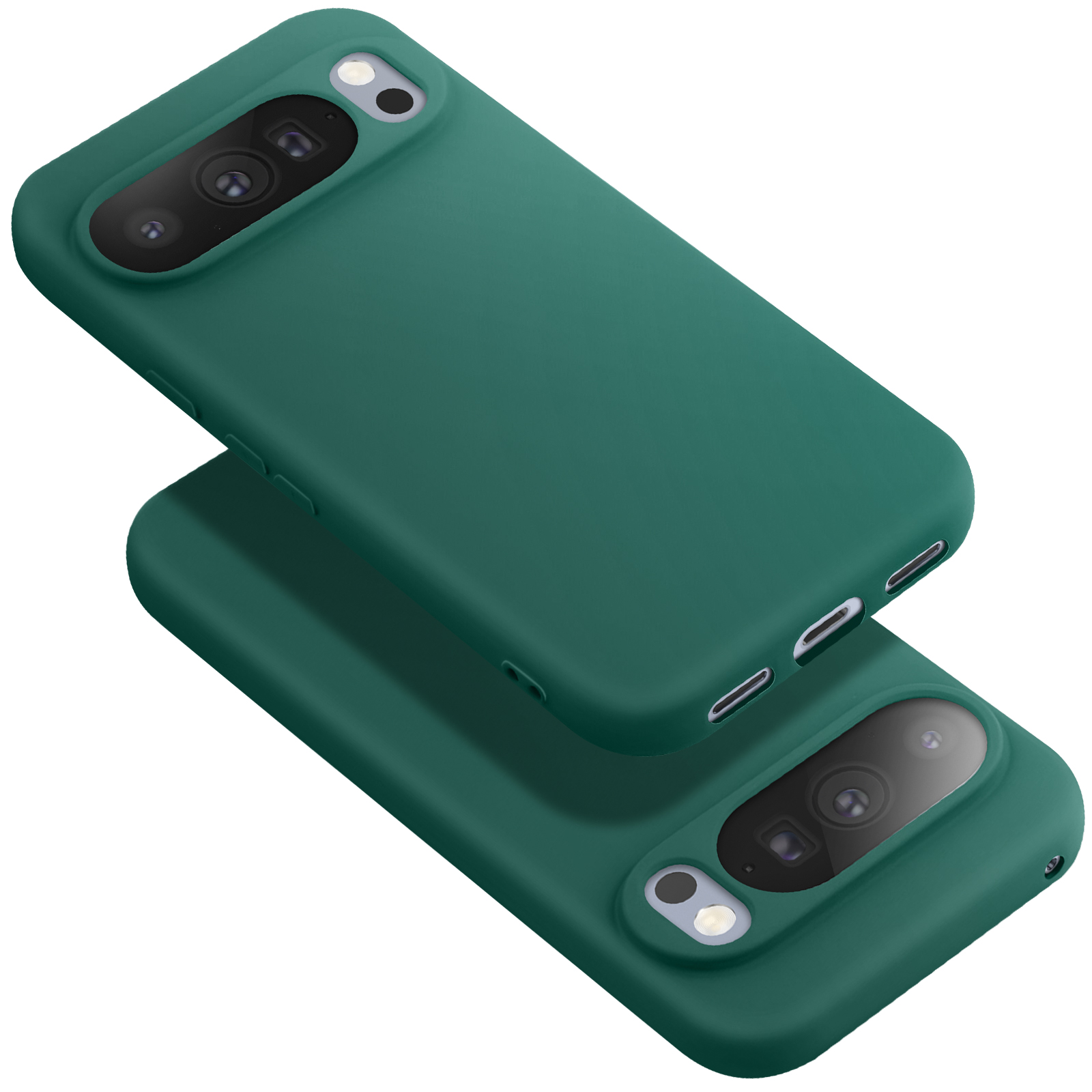 Twee donkergroene telefoonhoesjes, de ene bovenop de andere. Elk heeft camera-uitsparingen en knopplaatsingen.