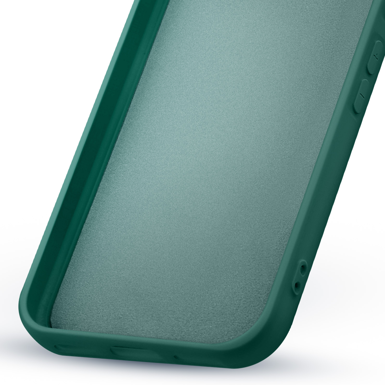 Een teal telefoonhoesje met knoppen en een getextureerd oppervlak wordt getoond tegen een witte achtergrond. De hoes is schuin.