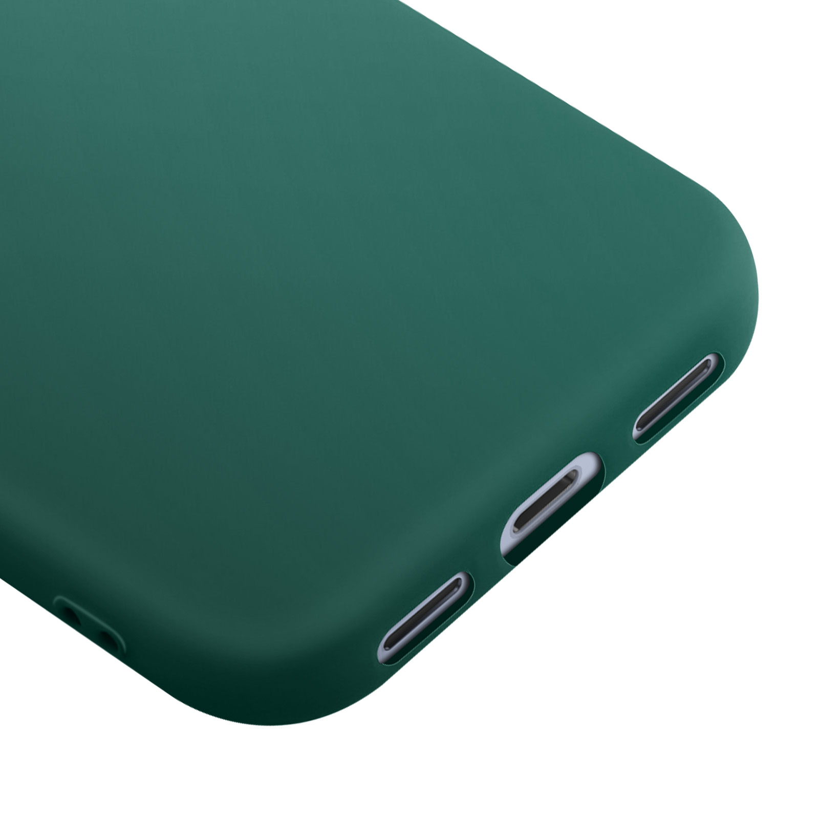 Close-up van een groene telefoonhoes met poortuitsparingen aan de zijkant, tegen een witte achtergrond.