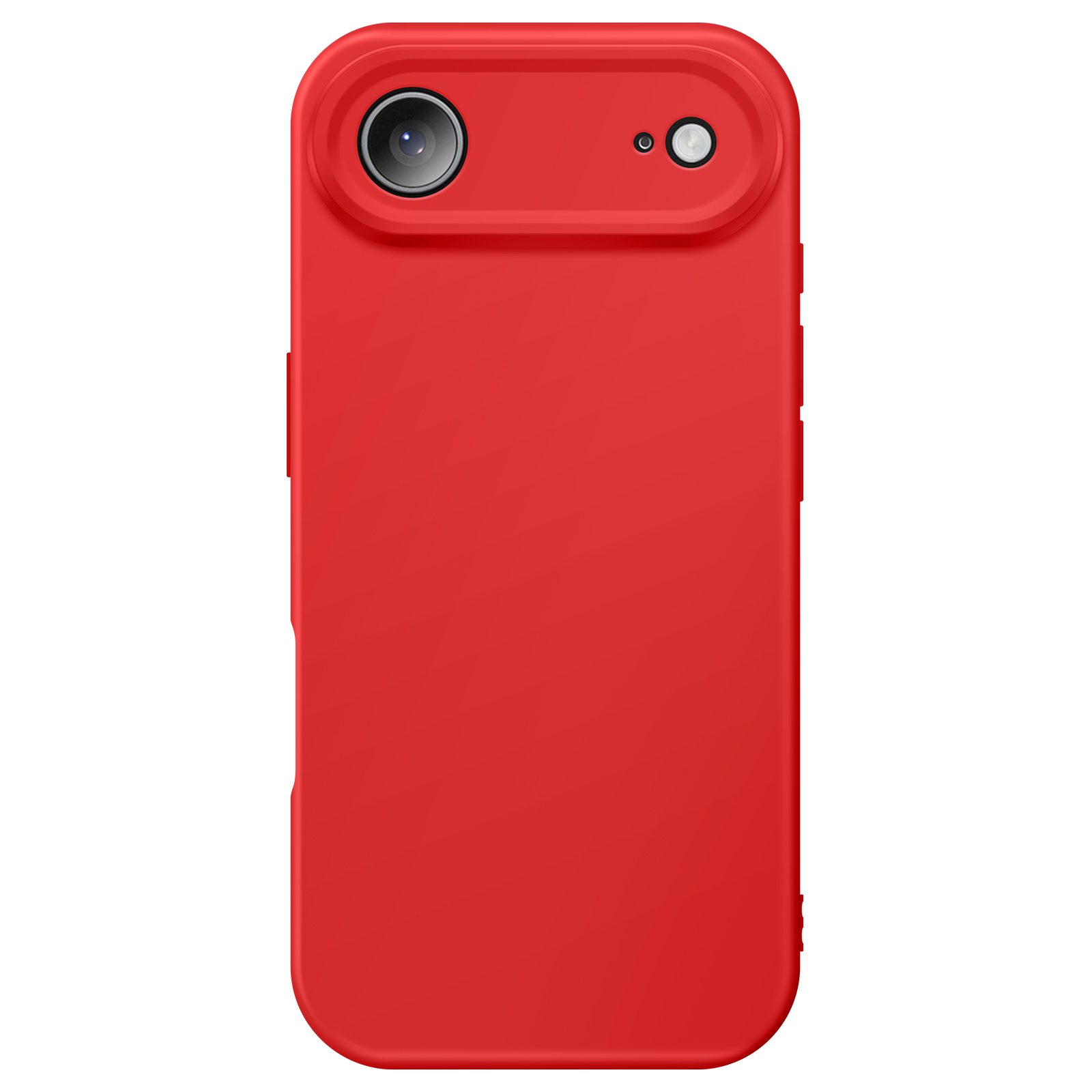 Una custodia rossa per telefono con ritaglio per la fotocamera. In alto due lenti, una grande e una piccola.