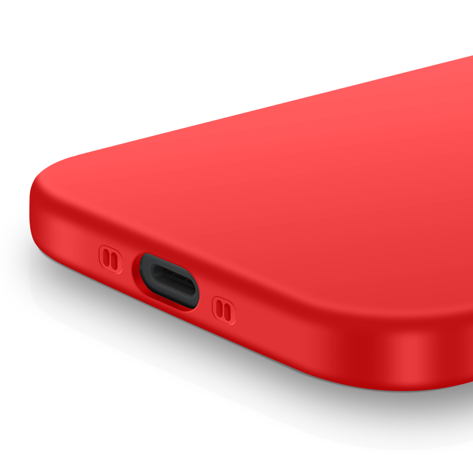 Primo piano di una custodia rossa per telefono con porta di ricarica visibile. Sfondo bianco. La custodia è liscia e opaca.