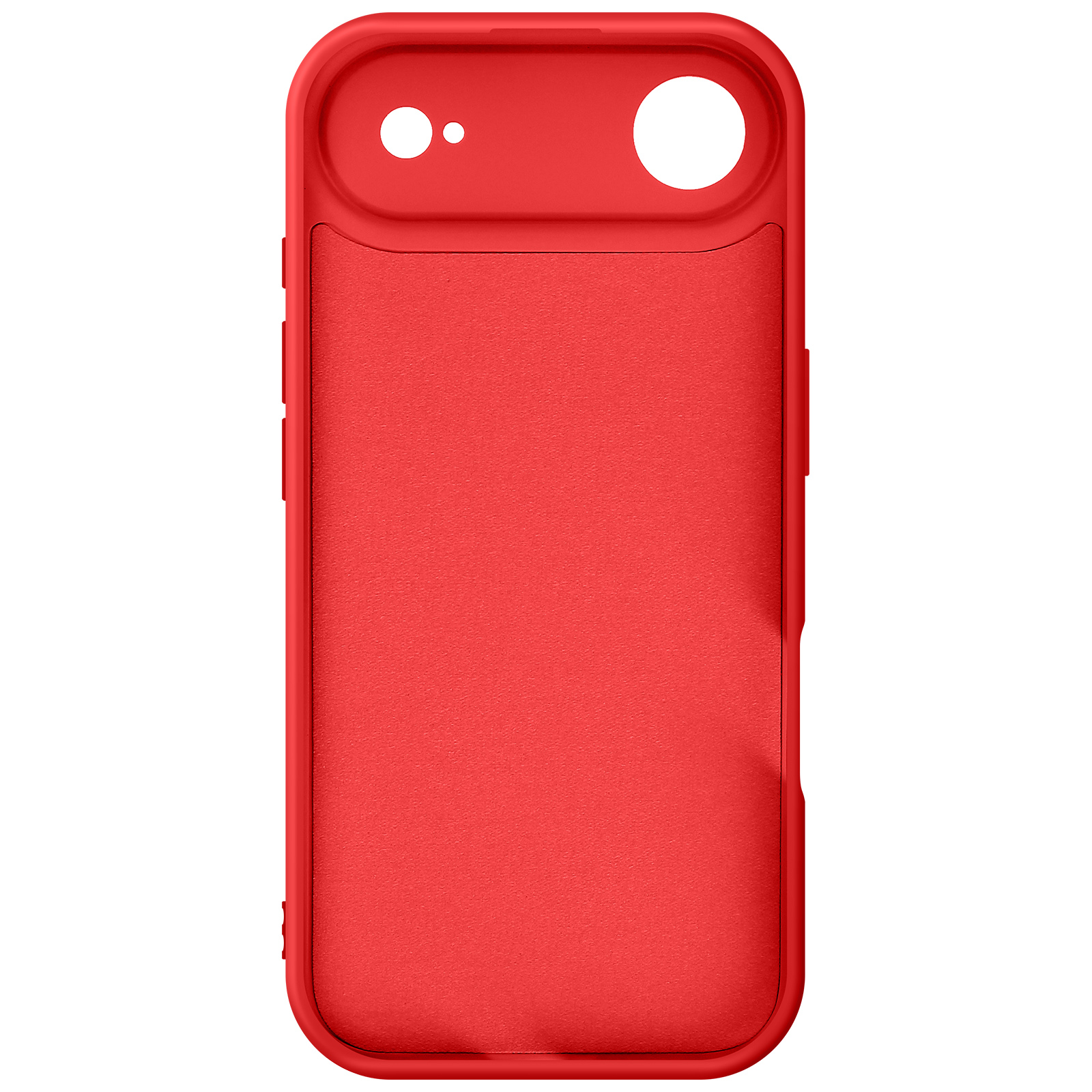 Una custodia rossa per telefono con retro strutturato, aperture per fotocamera e flash. La custodia ha pulsanti e un bordo liscio.