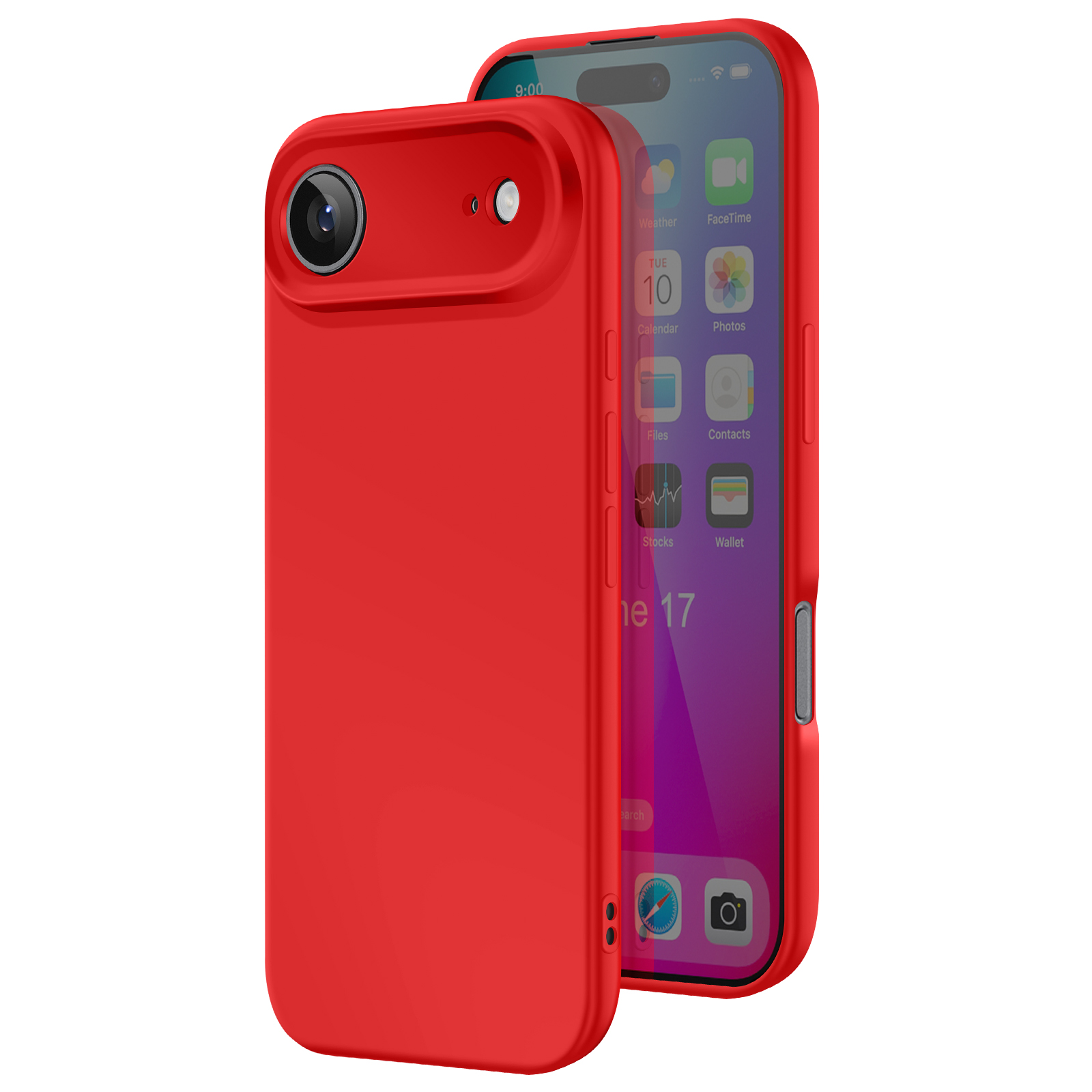 Una custodia rossa per telefono copre parzialmente un telefono che mostra le icone delle app. La custodia ha un obiettivo e una luce.