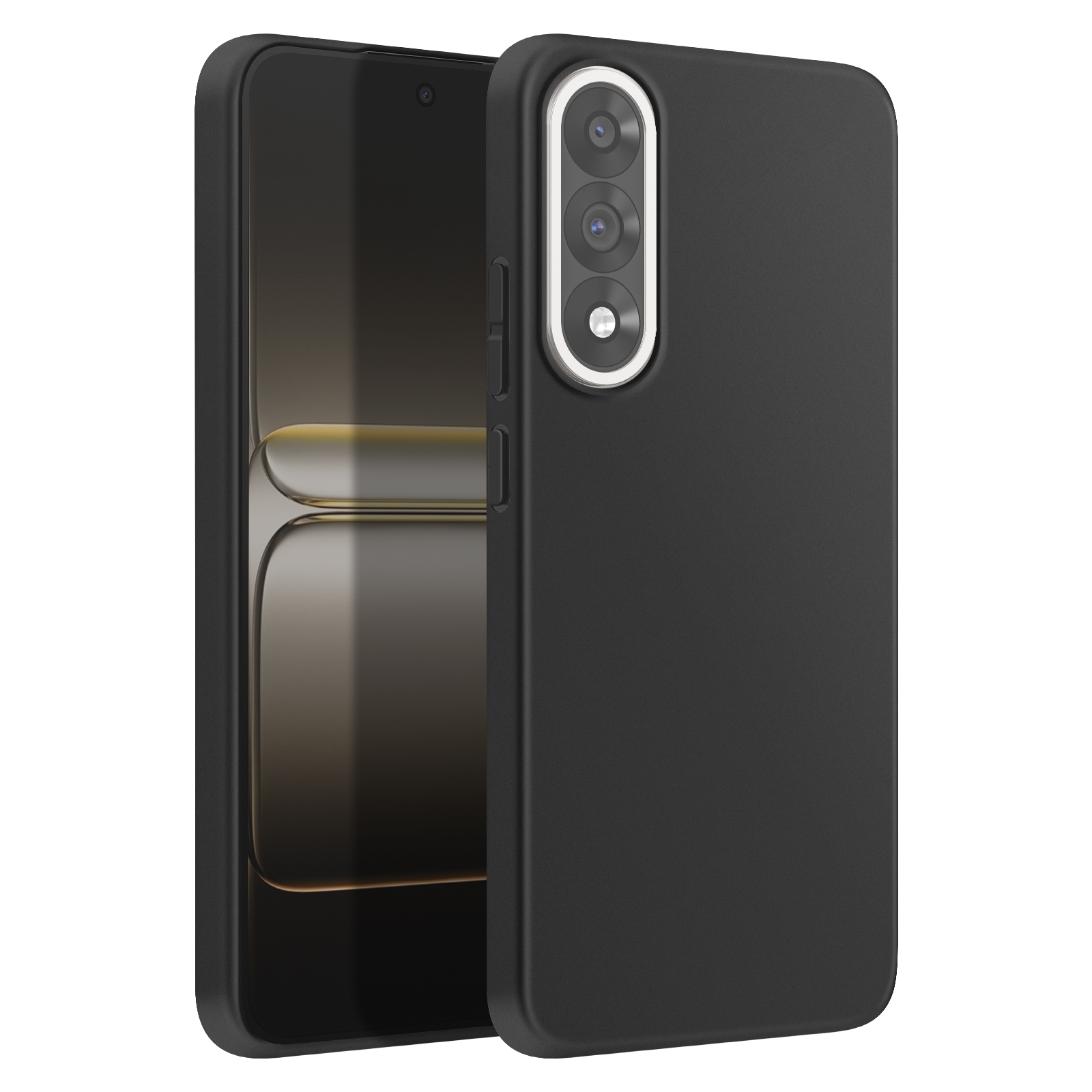 Téléphone noir avec étui de protection. L'écran du téléphone est visible. L'étui possède un appareil photo et des boutons.