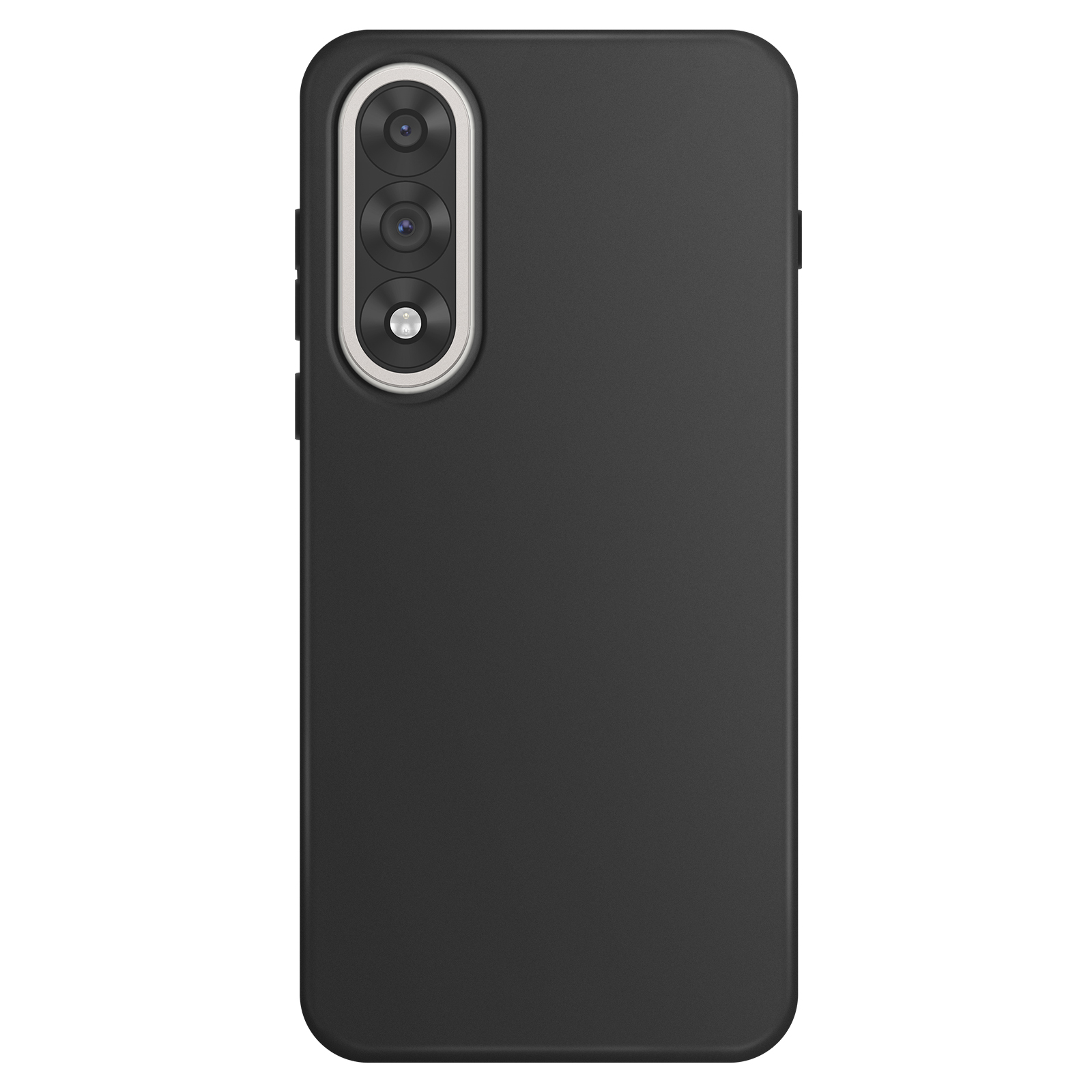 Une coque de smartphone noire avec un module caméra à trois lentilles et un flash, sur fond blanc.