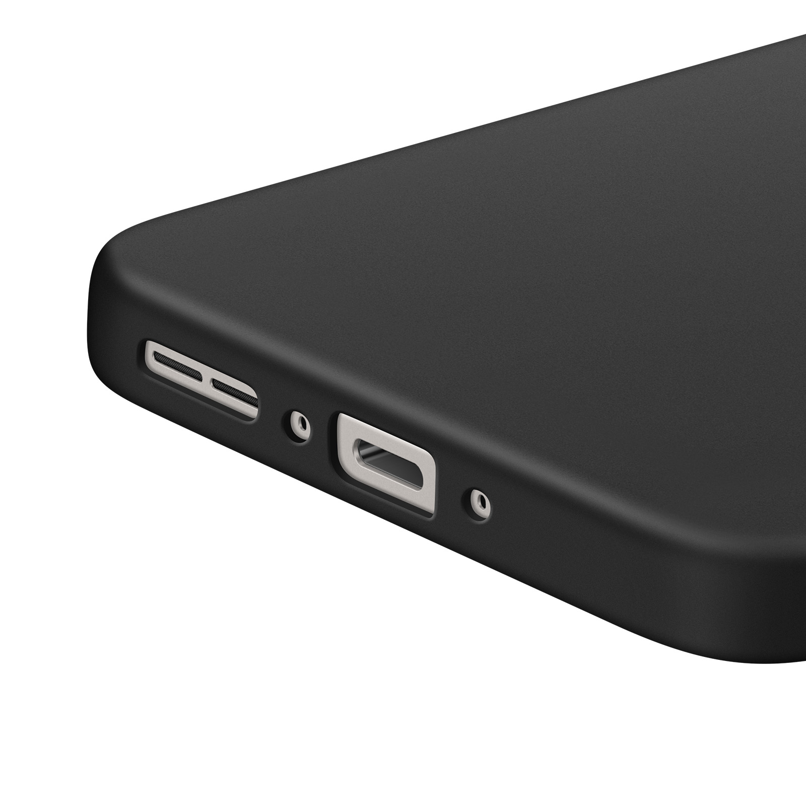 Gros plan du bord inférieur d'une coque de téléphone noire. Montre port de charge, trous de haut-parleur et surface mate.