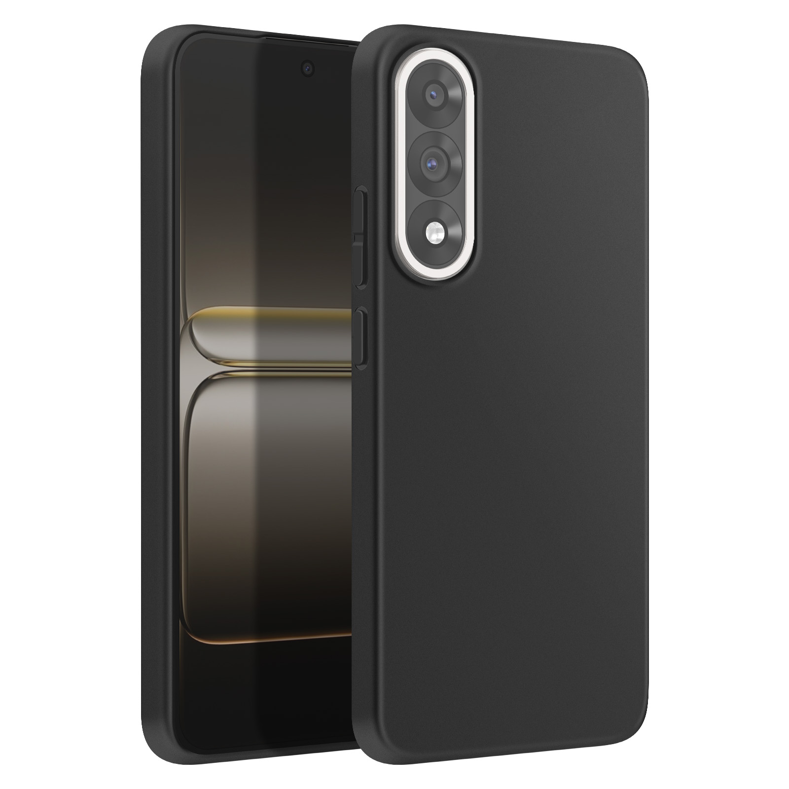 Téléphone noir avec étui. Le téléphone est ouvert, montrant l'écran. L'étui possède un module caméra.