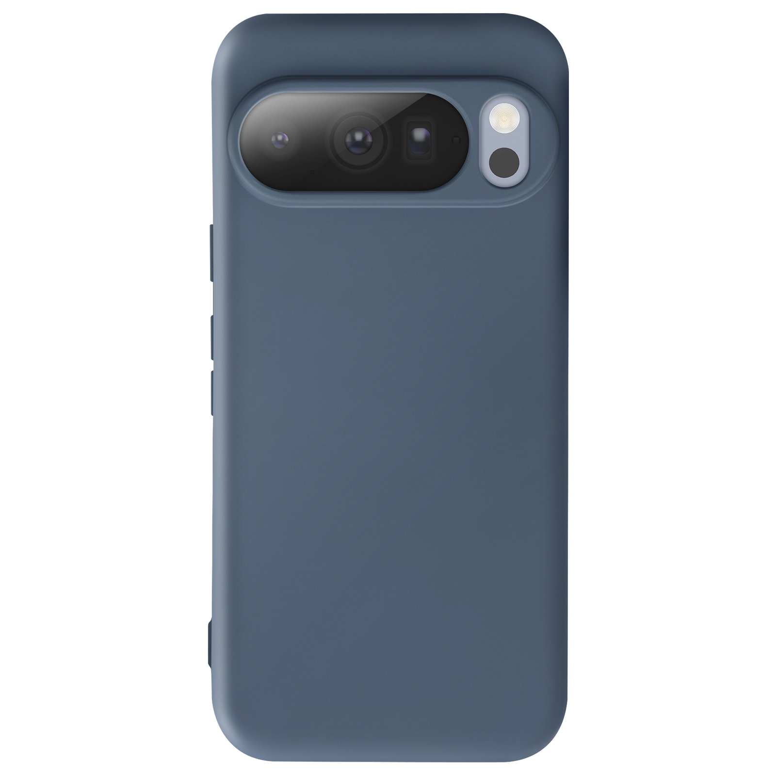Een blauwe telefoonhoes met cameralenzen en flitser. De hoes heeft knoppen aan de zijkant.