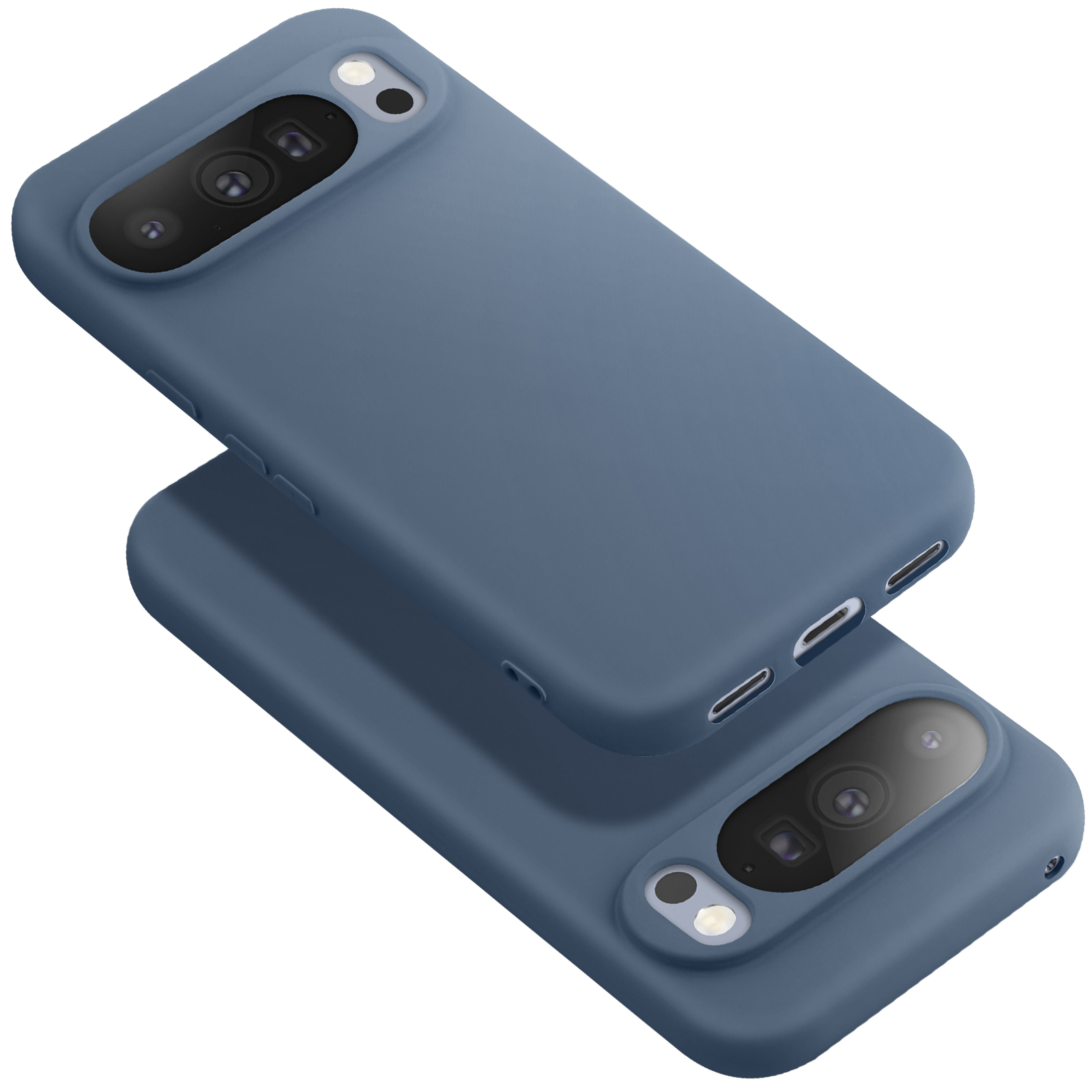Twee blauwe telefoonhoesjes zijn op elkaar gestapeld. Elke hoes heeft een camera-uitsparing en een klein lampje. Witte achtergrond.