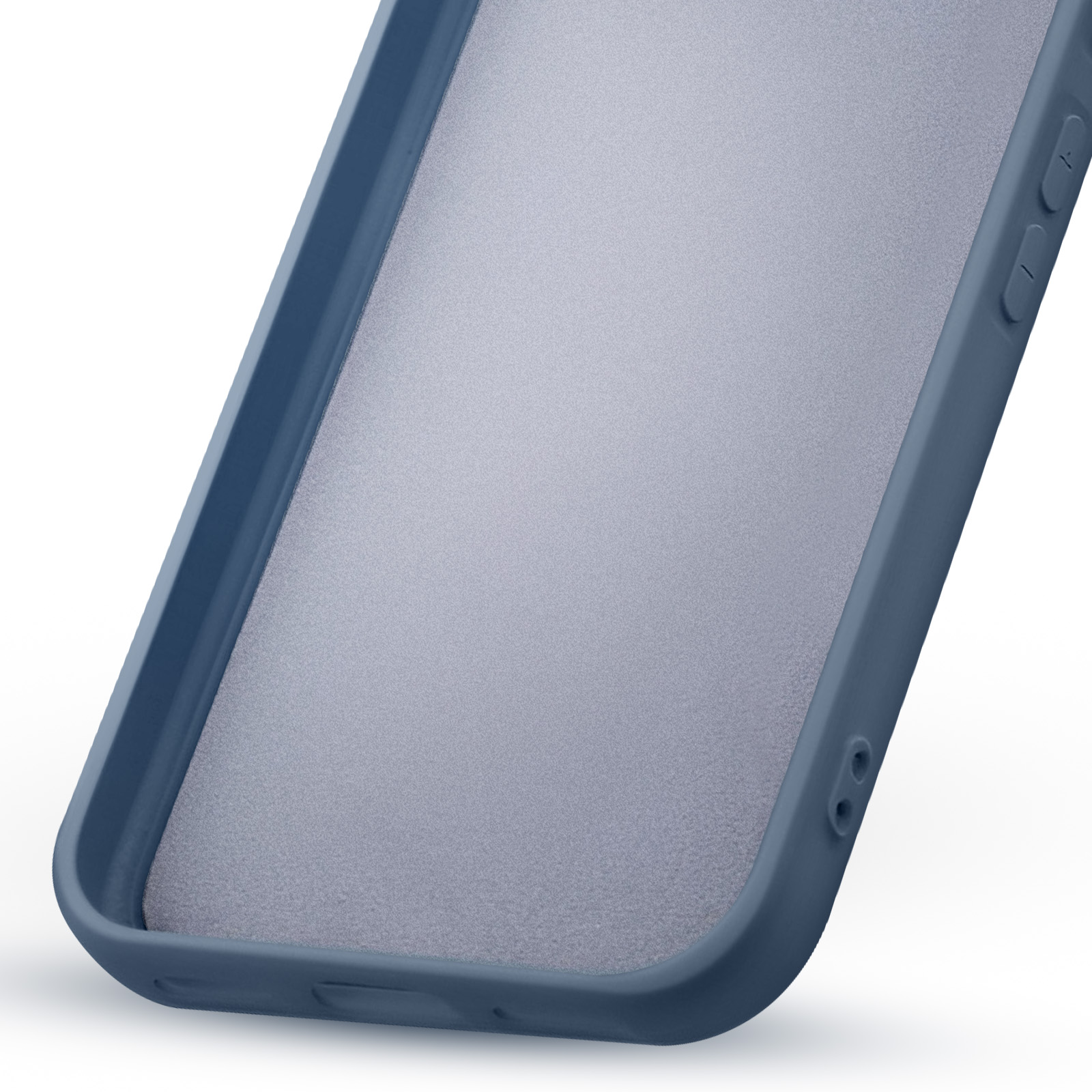 Blauw interieur van telefoonhoesje met een getextureerd oppervlak. De hoes heeft knoppen aan de zijkant. Witte achtergrond.